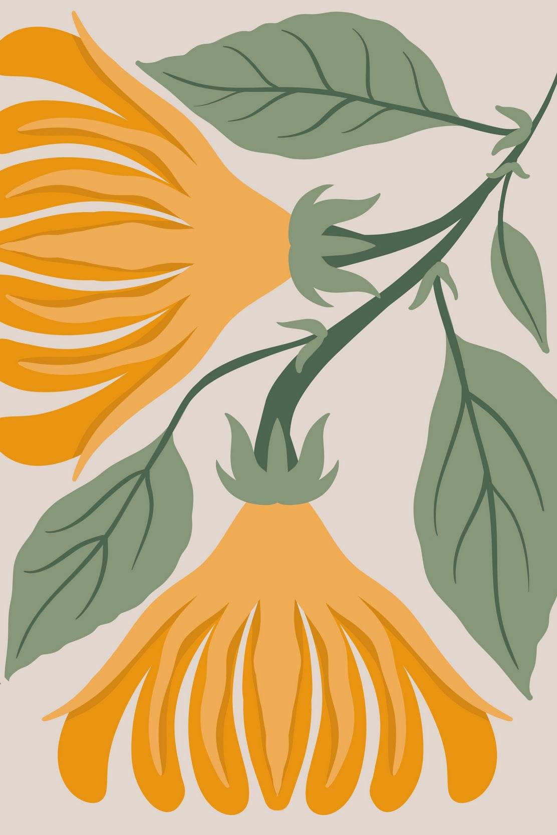 Two Stylized Yellow Flowers with Green Leaves ArtWork - beink online art store