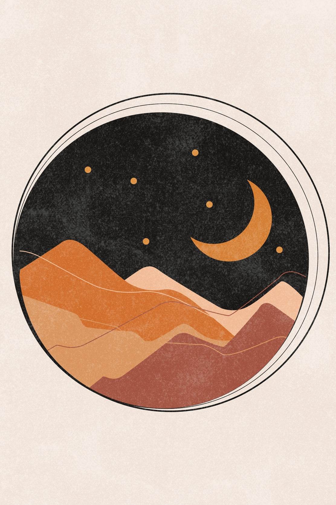 Circular Scene with Mountains a Crescent Moon and Stars ArtWork - beink online art store