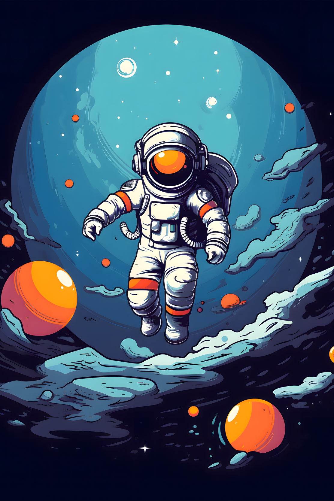 Cartoonish Illustration of Astronaut Flying in Space - beink online art store