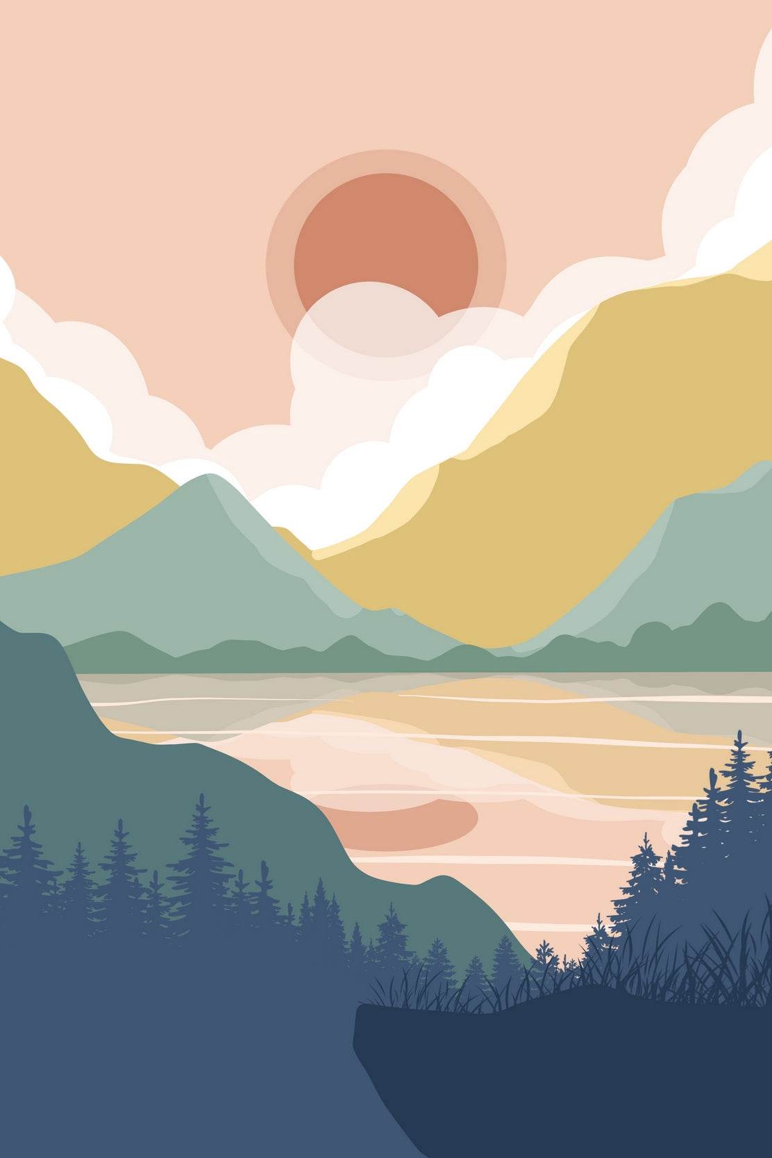 Scenic Landscape with Mountains in Lake and a Sunset. - beink online art store
