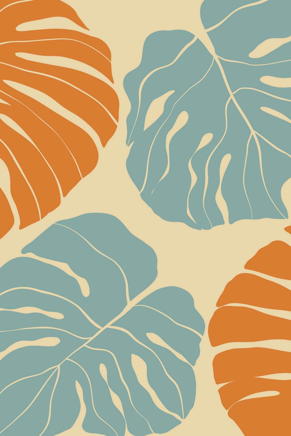 Tropical Leaves in Orange and Blue on a Light Background ArtWork - beink online art store