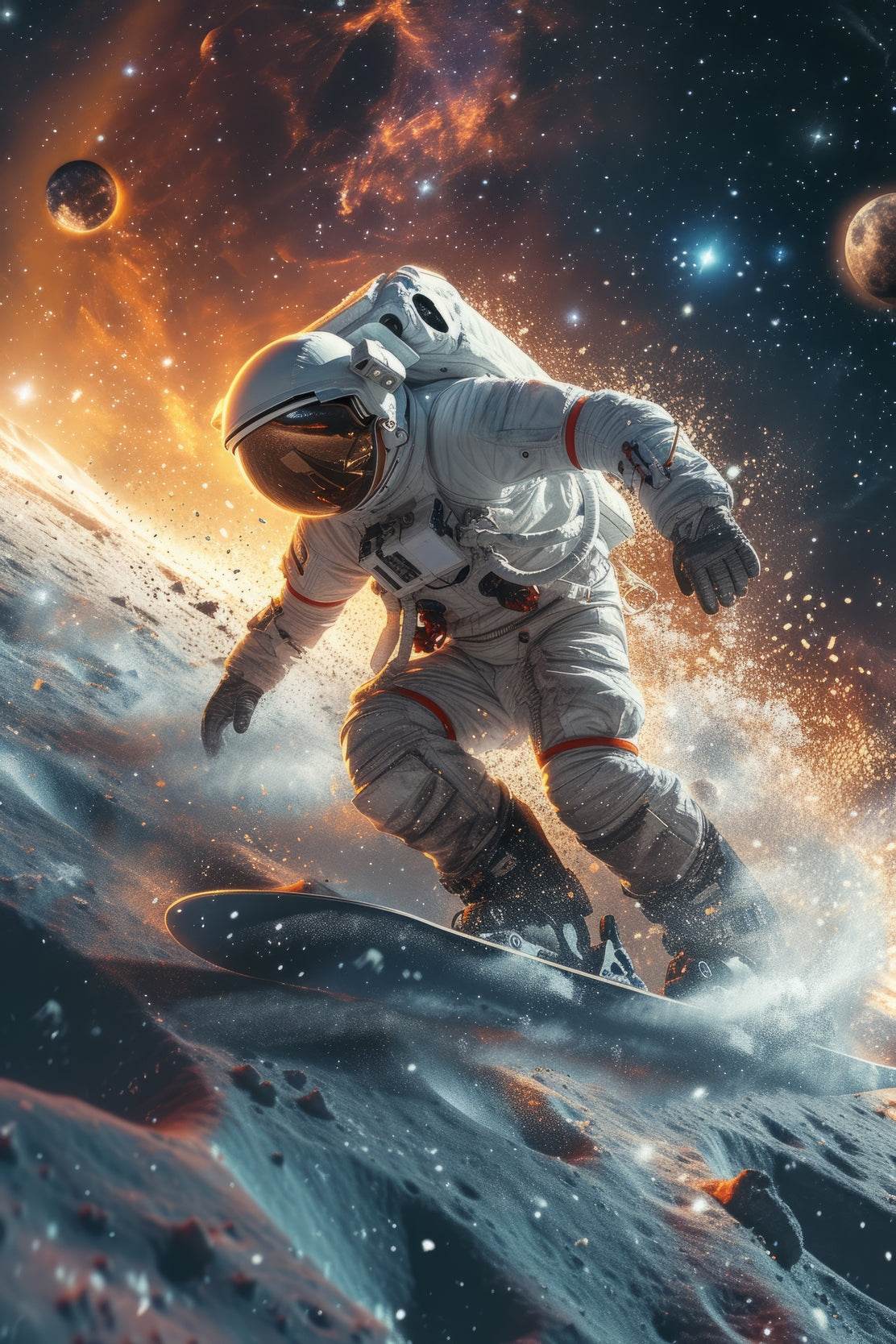 astronauts surfing on a surfboard in space with stars on planet Wall Art - beink online art store