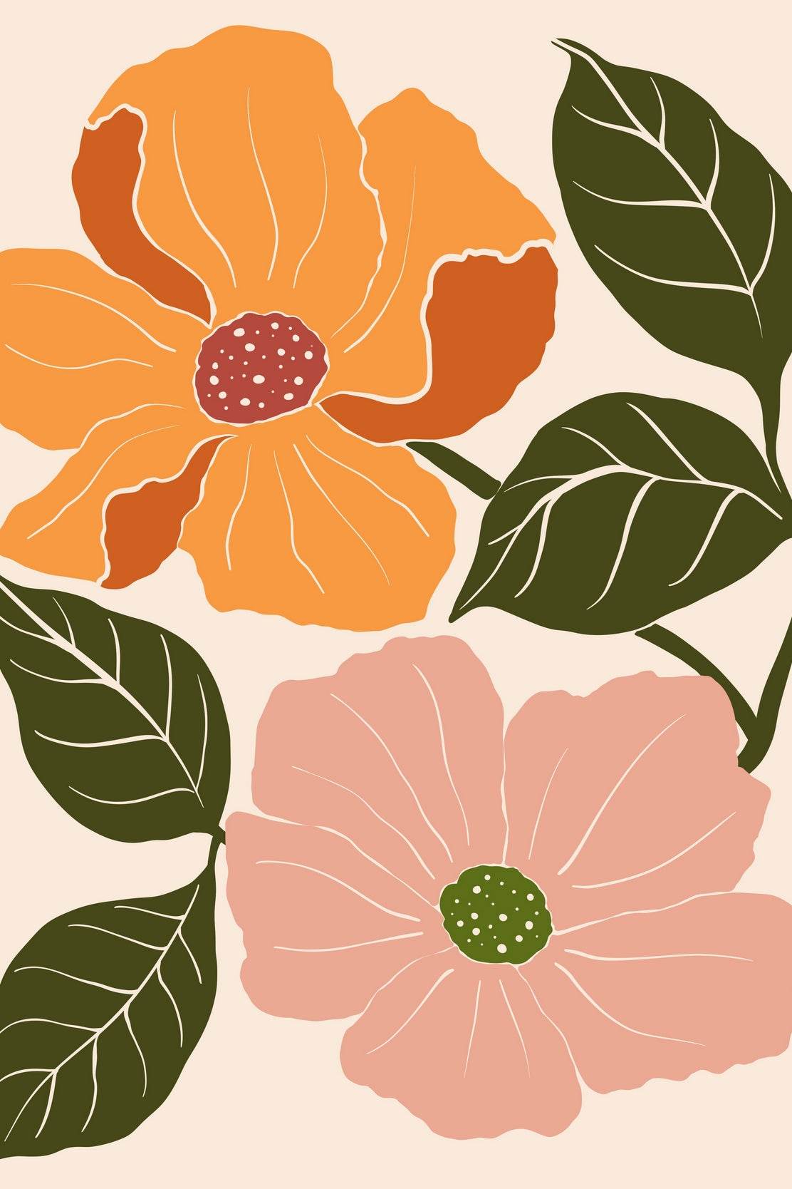 Flowers with Green Leaves on a Light Background ArtWork - beink online art store