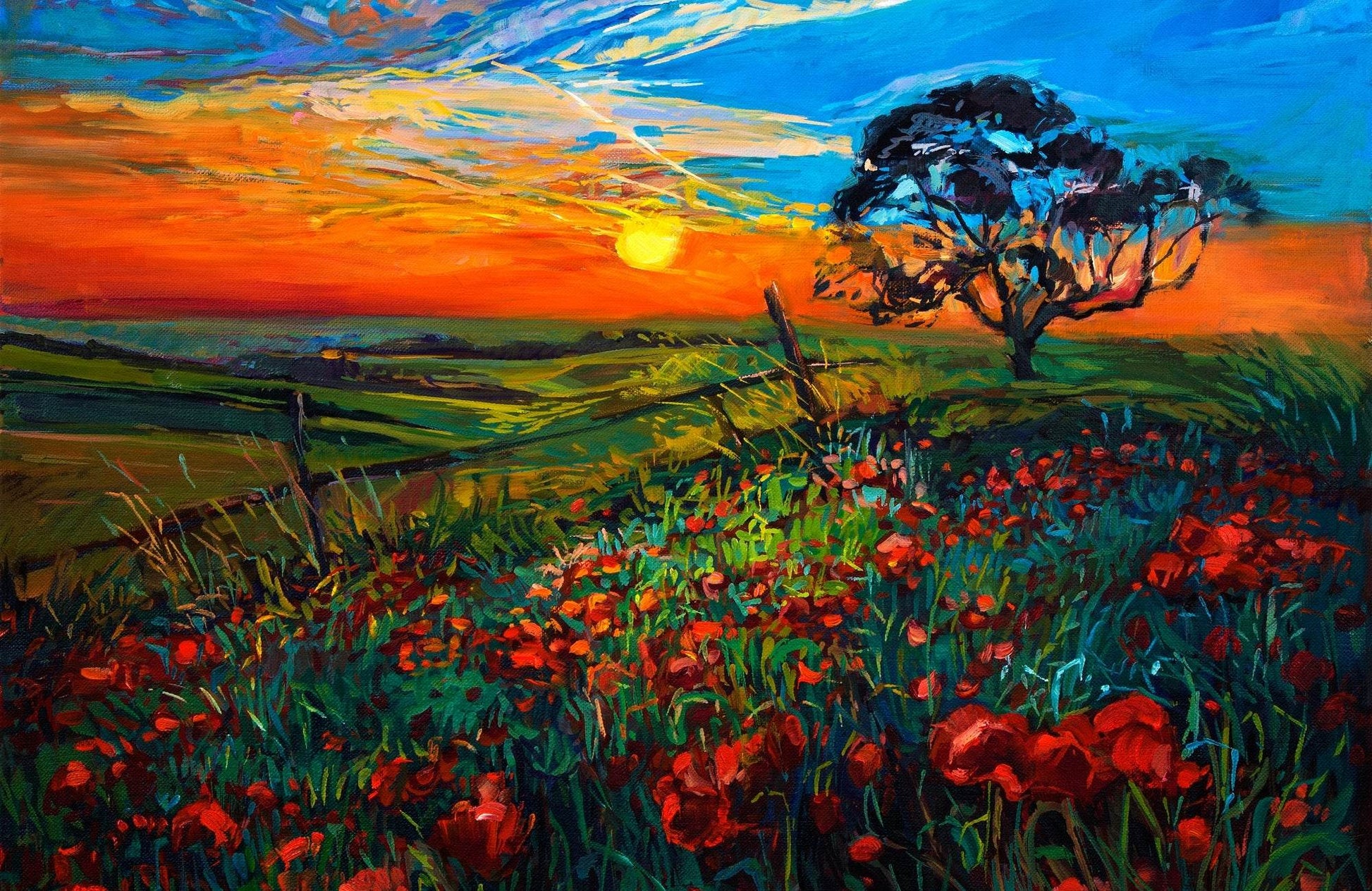 Sunset Painting In The Flower Garden Wall Art - beink online art store