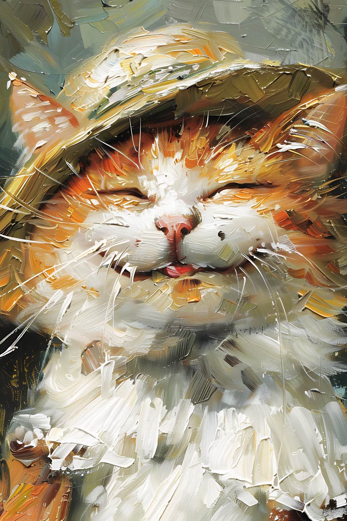 Slashed Oil Painting of Cat Wearing Hat - beink online art store