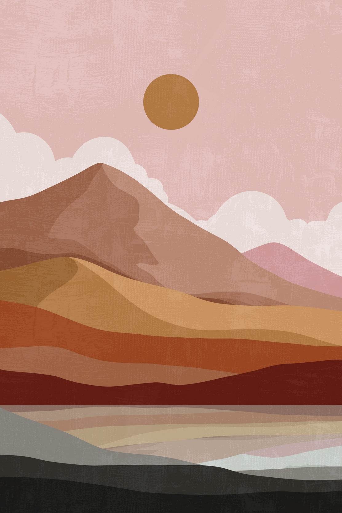 A Minimalist Landscape with a Large Sun and Layered Hills ArtWork - beink online art store