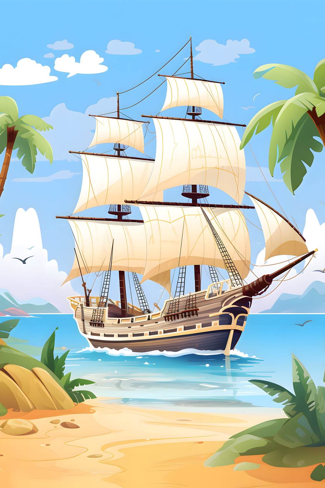 Cartoon Image of Pirates Ship in Sea - beink online art store