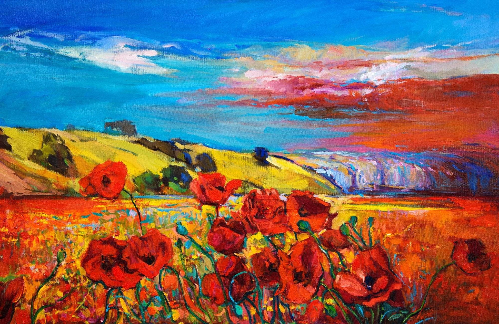 Watercolor Painting Of Poppy Field - beink online art store