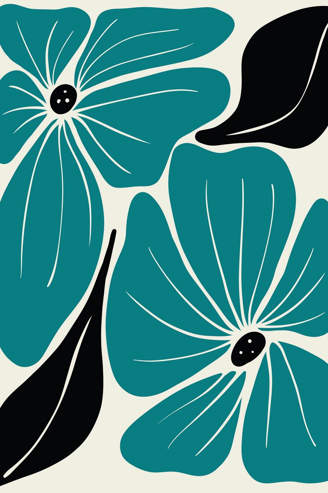 Teal Flowers with Black Centers and Leaves on a Cream Background. - beink online art store