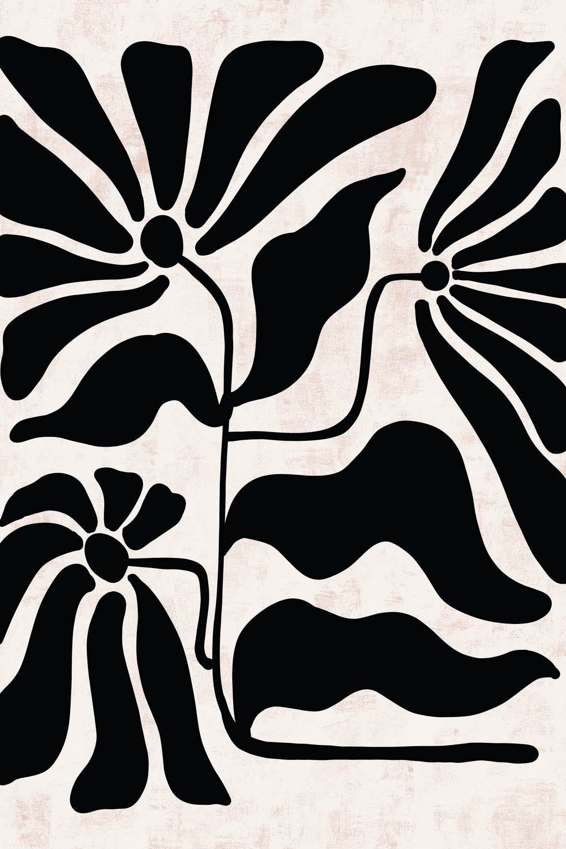 Abstract Black Floral Design with Stylized Flowers and Leaves ArtWork - beink online art store