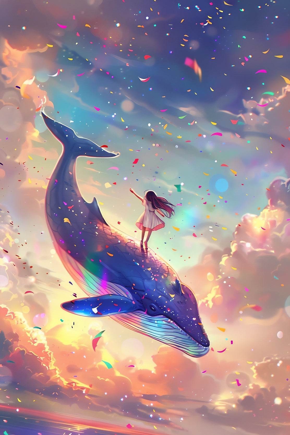 Illustration of a Girl Riding Colorful Whale - beink online art store