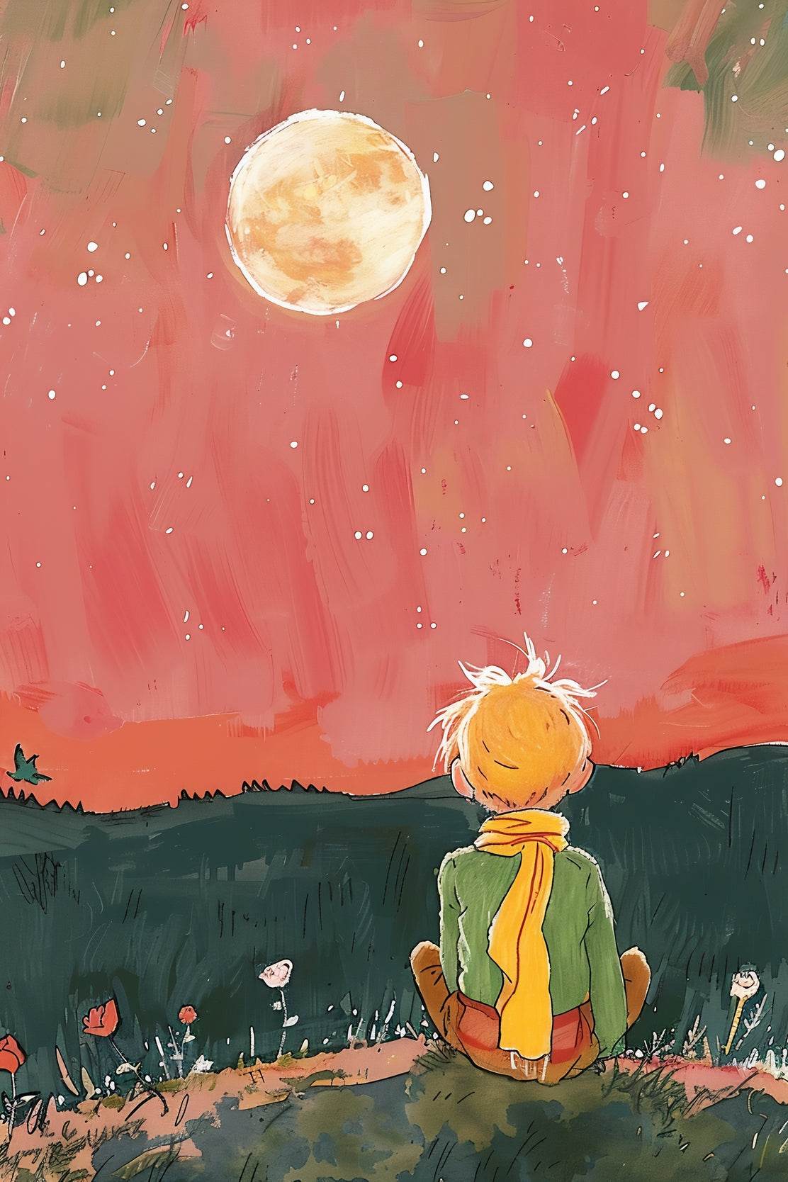 Brushed Illustration of a Boy Watching the Moon - beink online art store