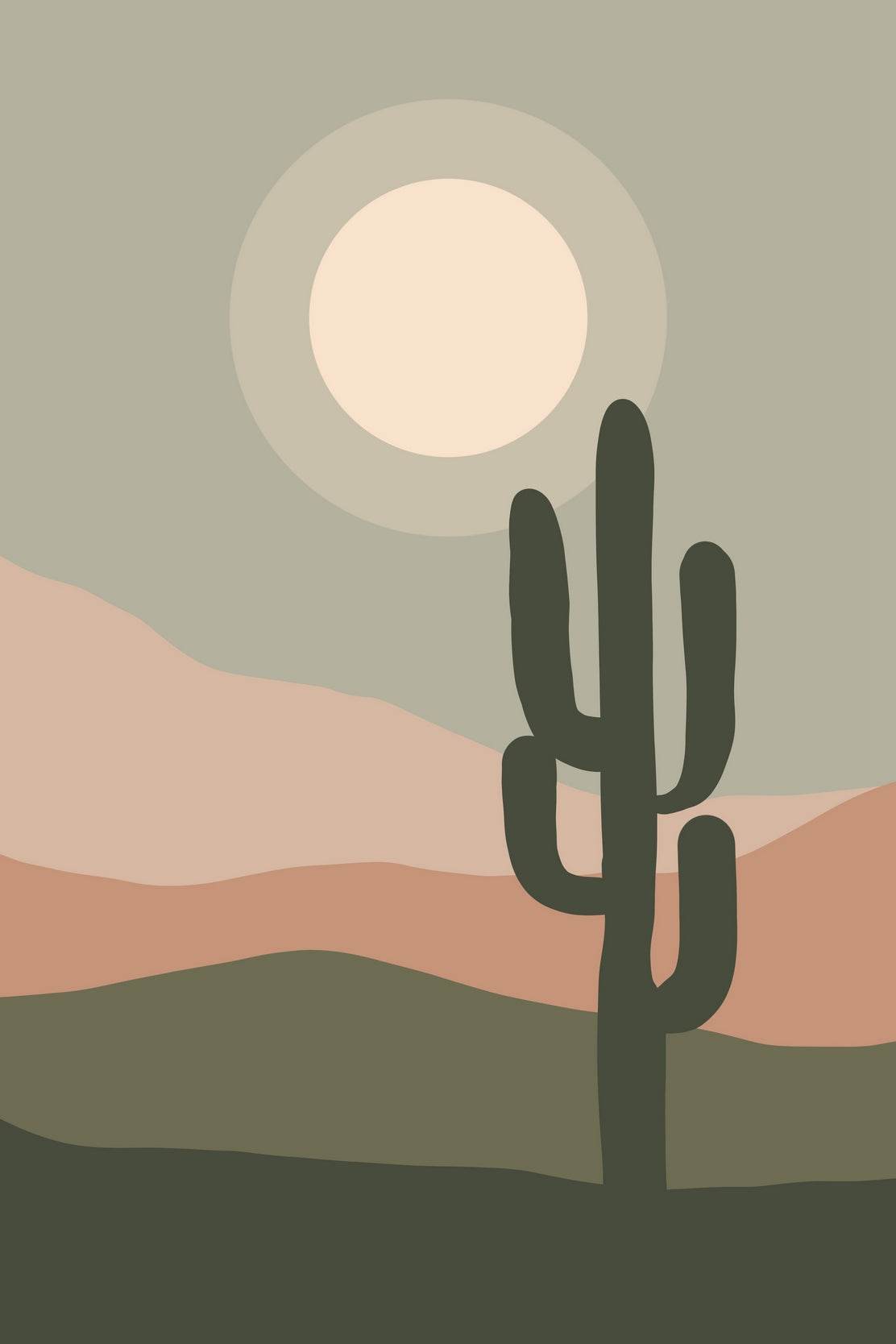 Desert Landscape with a Large Sun and a Tall Cactus ArtWork - beink online art store