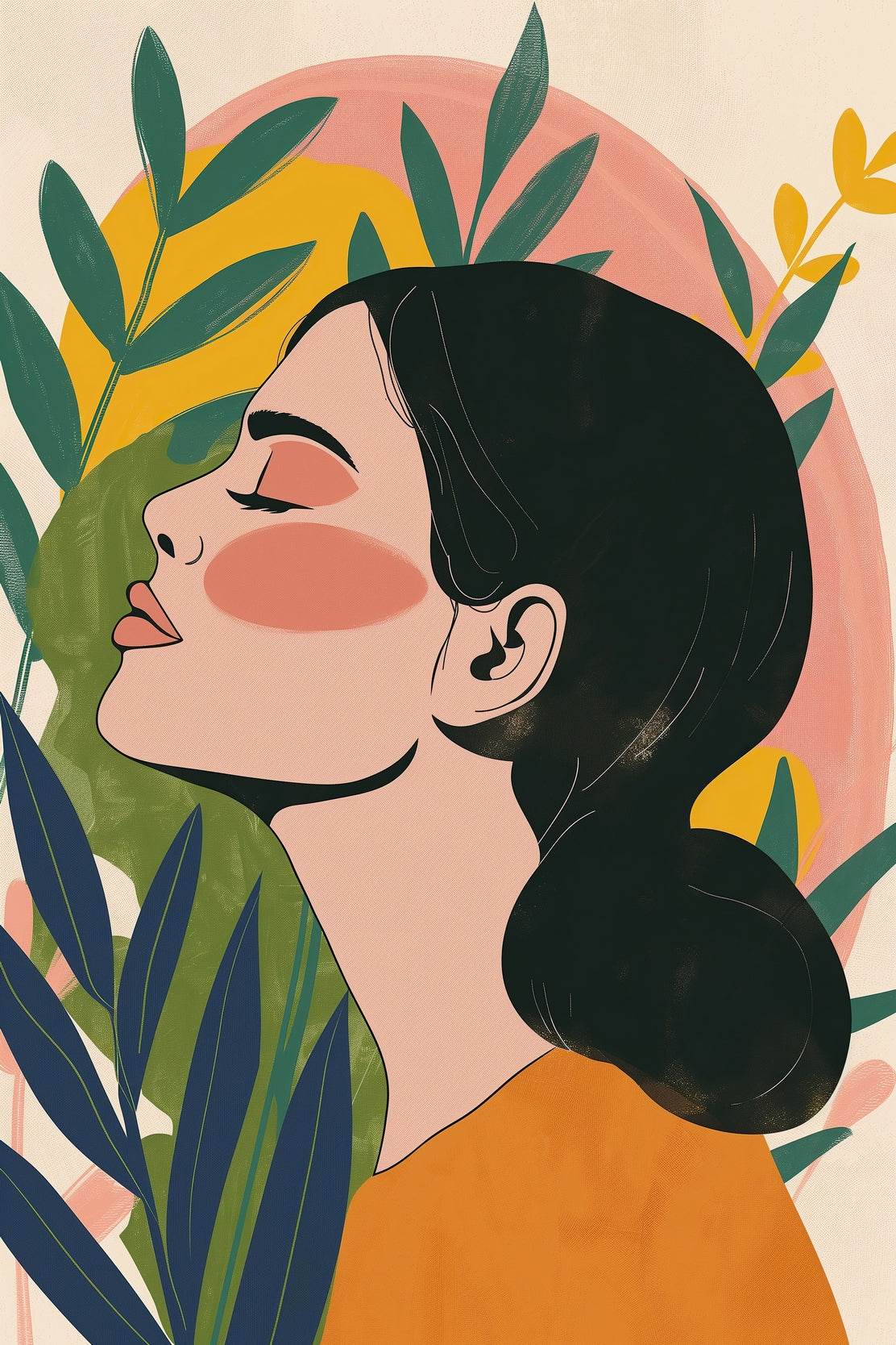 Woman with Closed Eyes in a Tropical Garden ArtWork - beink online art store