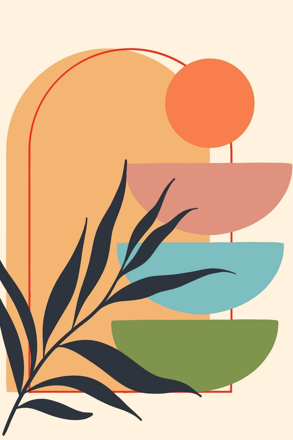 Abstract Stacked Semi Circles Sun Like Circle and a Leaf Silhouette ArtWork - beink online art store