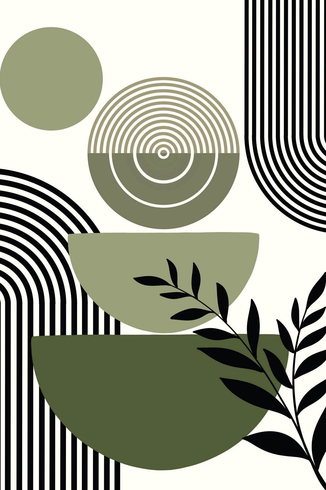 Green Geometric Shapes With Lines Leaf Motif ArtWork - beink online art store