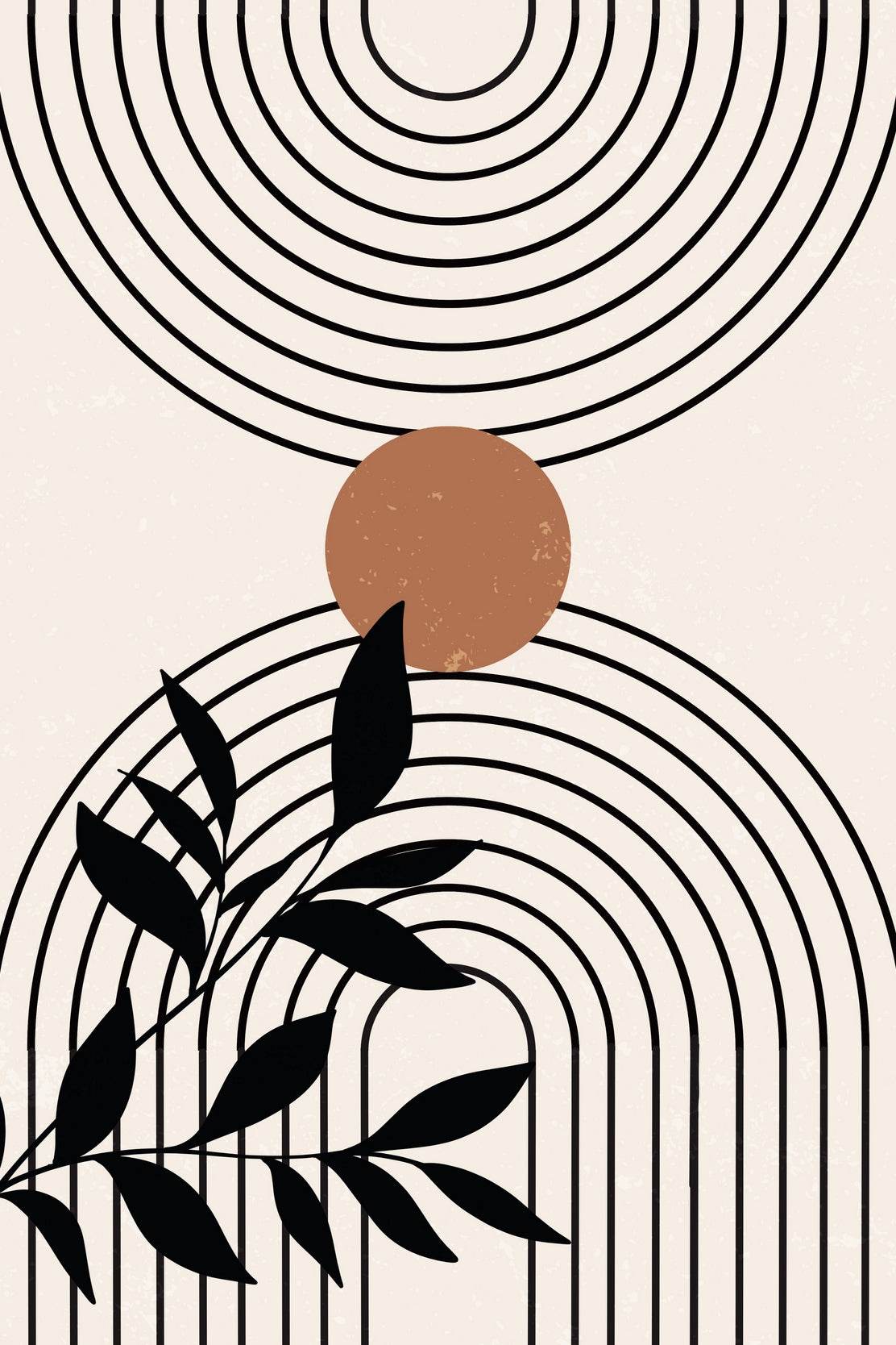 Abstract a Central Orange Circle and a Black Leaf Silhouette ArtWork - beink online art store