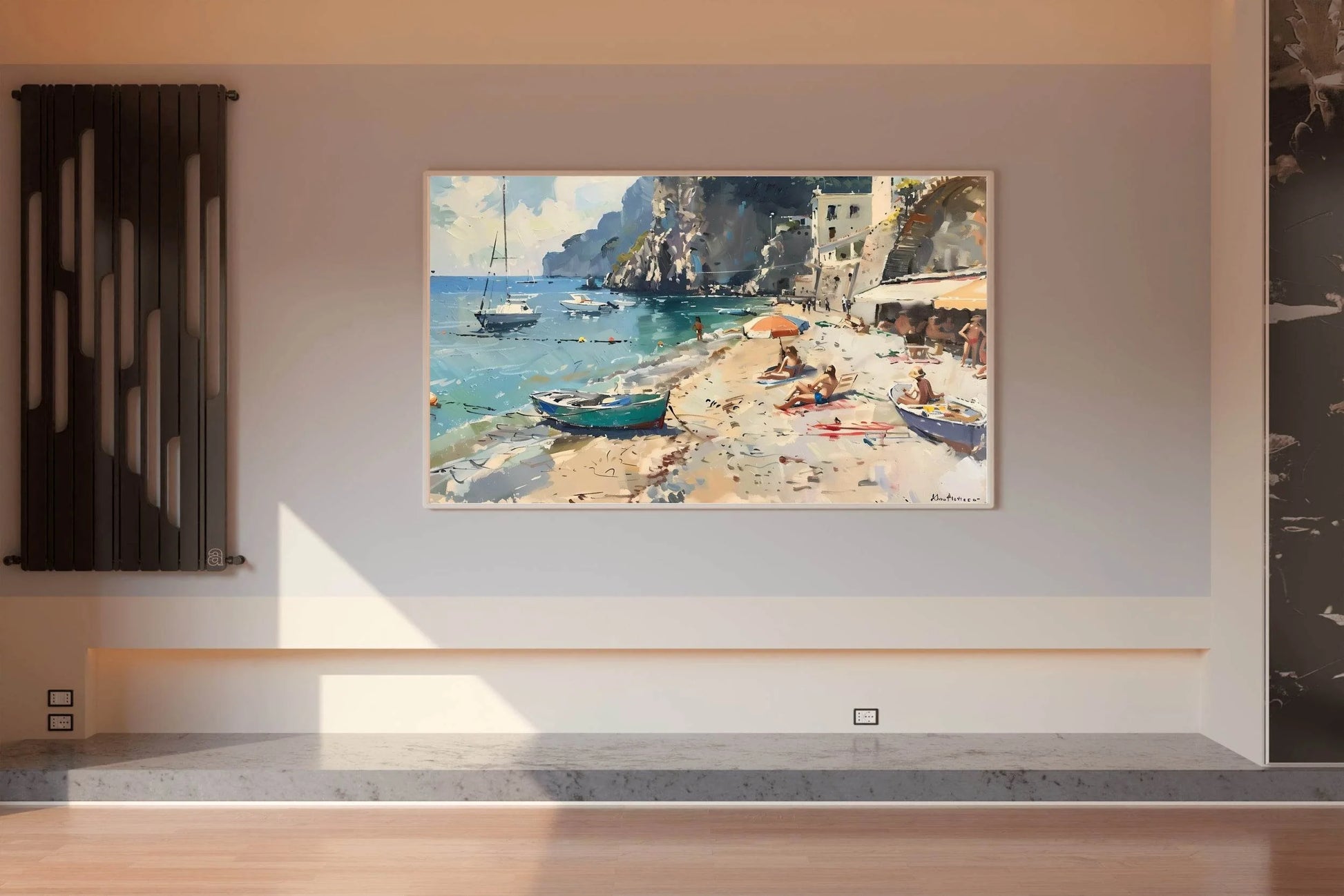 Oil Painting of People And Boats on The Beach Wall Art - beink online art store