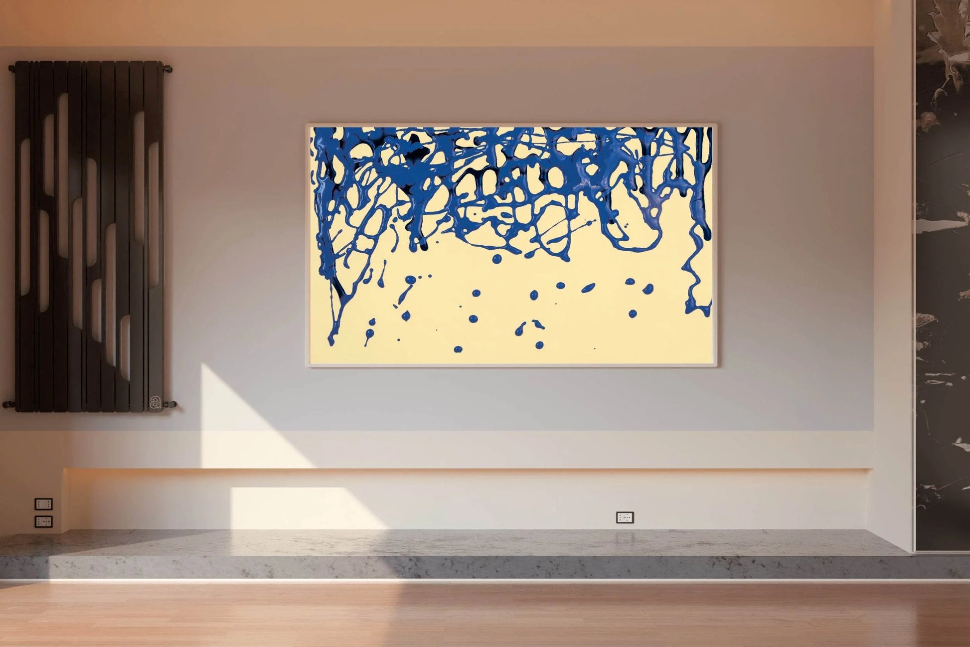 Scattered Blue Paint on Yellow Background Abstract Wall Art - beink online art store