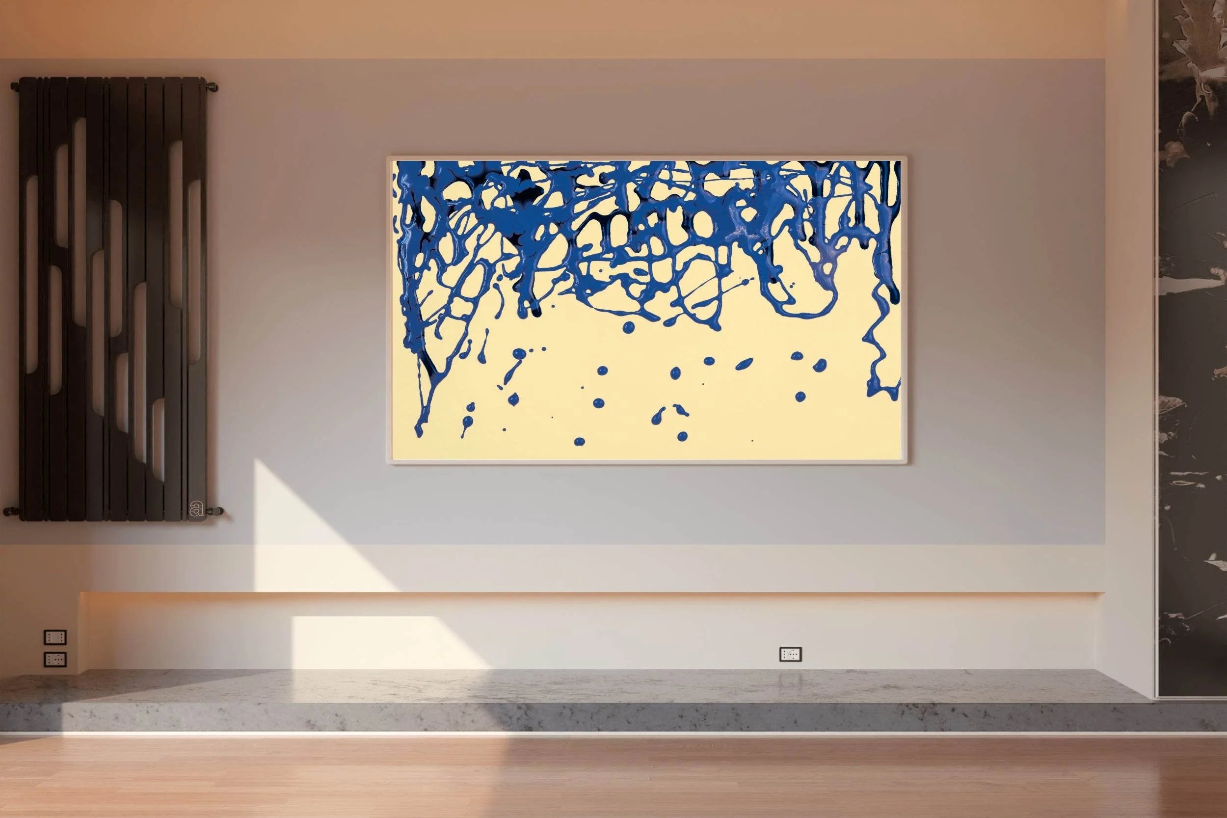 Scattered Blue Paint on Yellow Background Abstract Wall Art - beink online art store