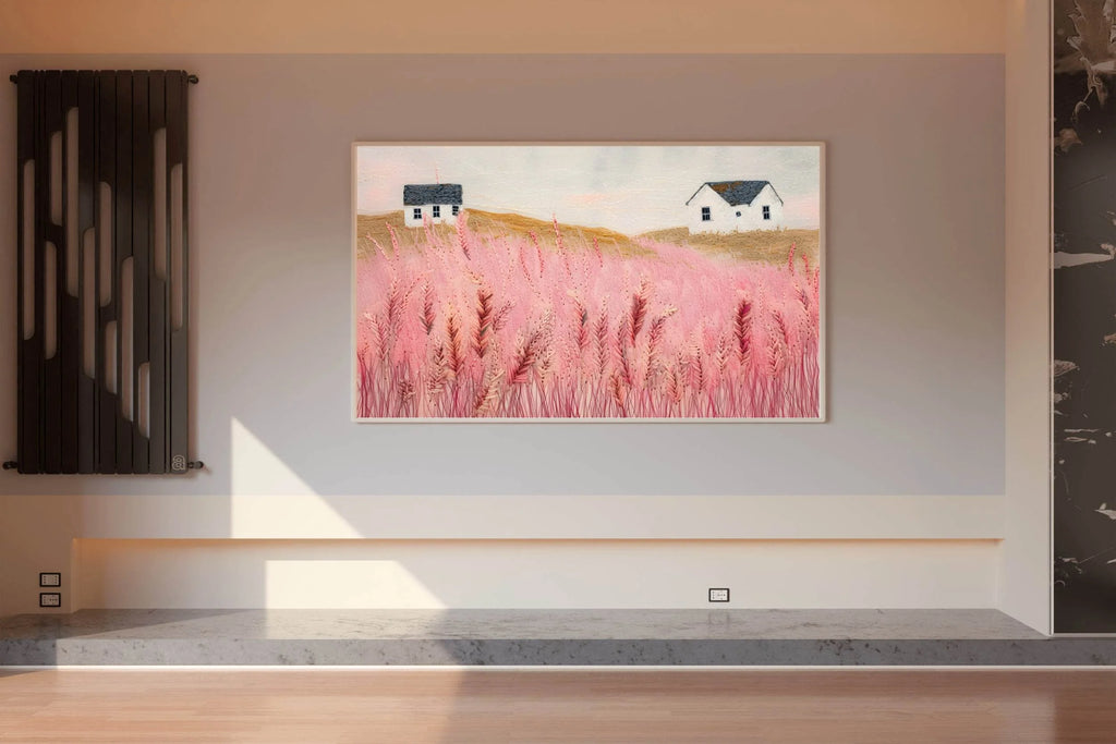 Abstract Pink Meadow Painting With Grass and House - beink online art store