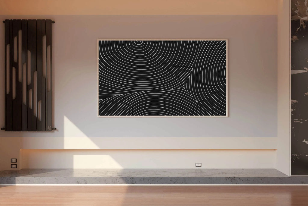 White Circular Lines With Black Background Abstract Wall Art - beink online art store