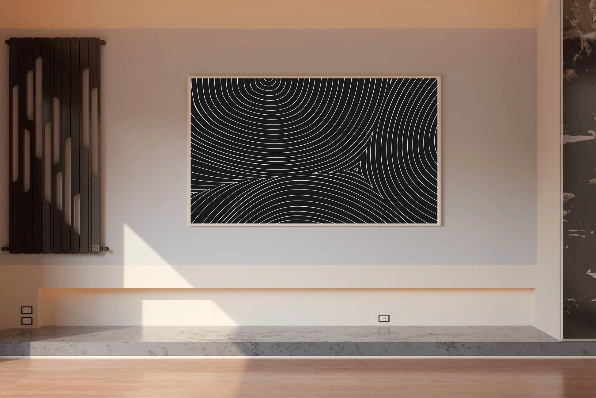 White Circular Lines With Black Background Abstract Wall Art - beink online art store