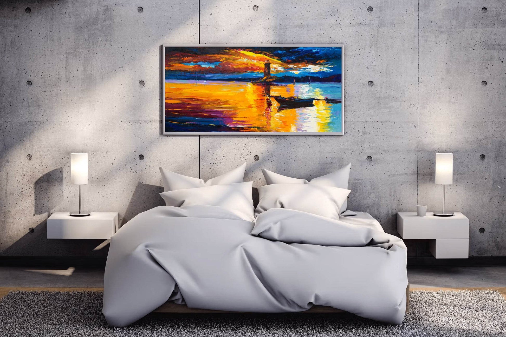 Boat And Lighthouse at Sunset Wall Art - beink online art store