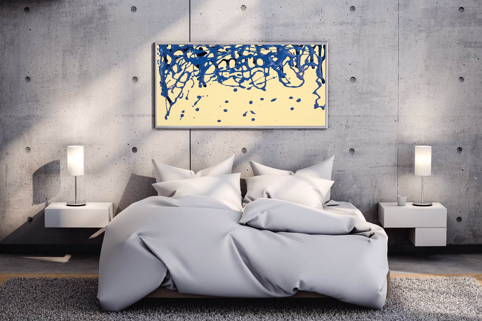 Scattered Blue Paint on Yellow Background Abstract Wall Art - beink online art store