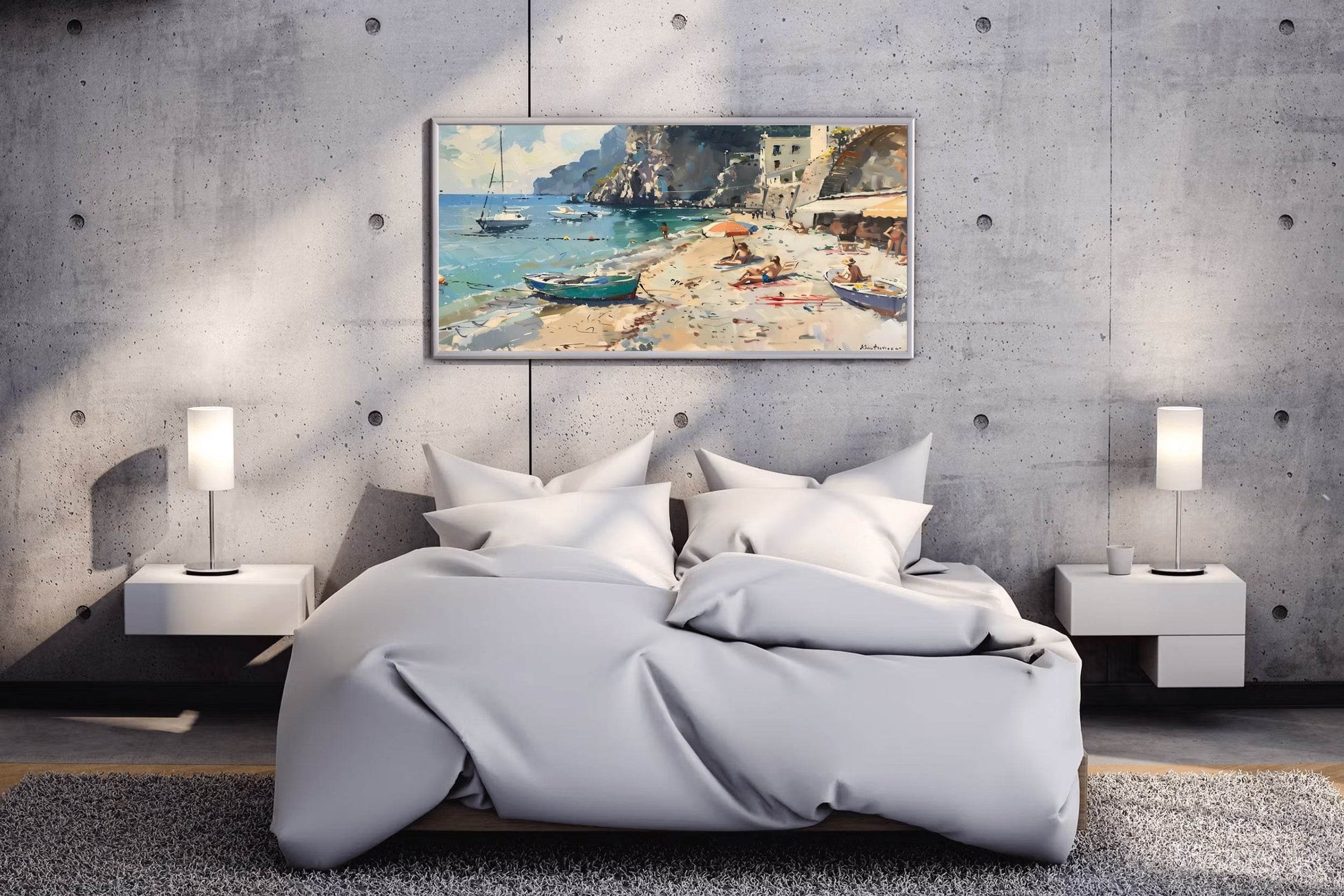 Oil Painting of People And Boats on The Beach Wall Art - beink online art store