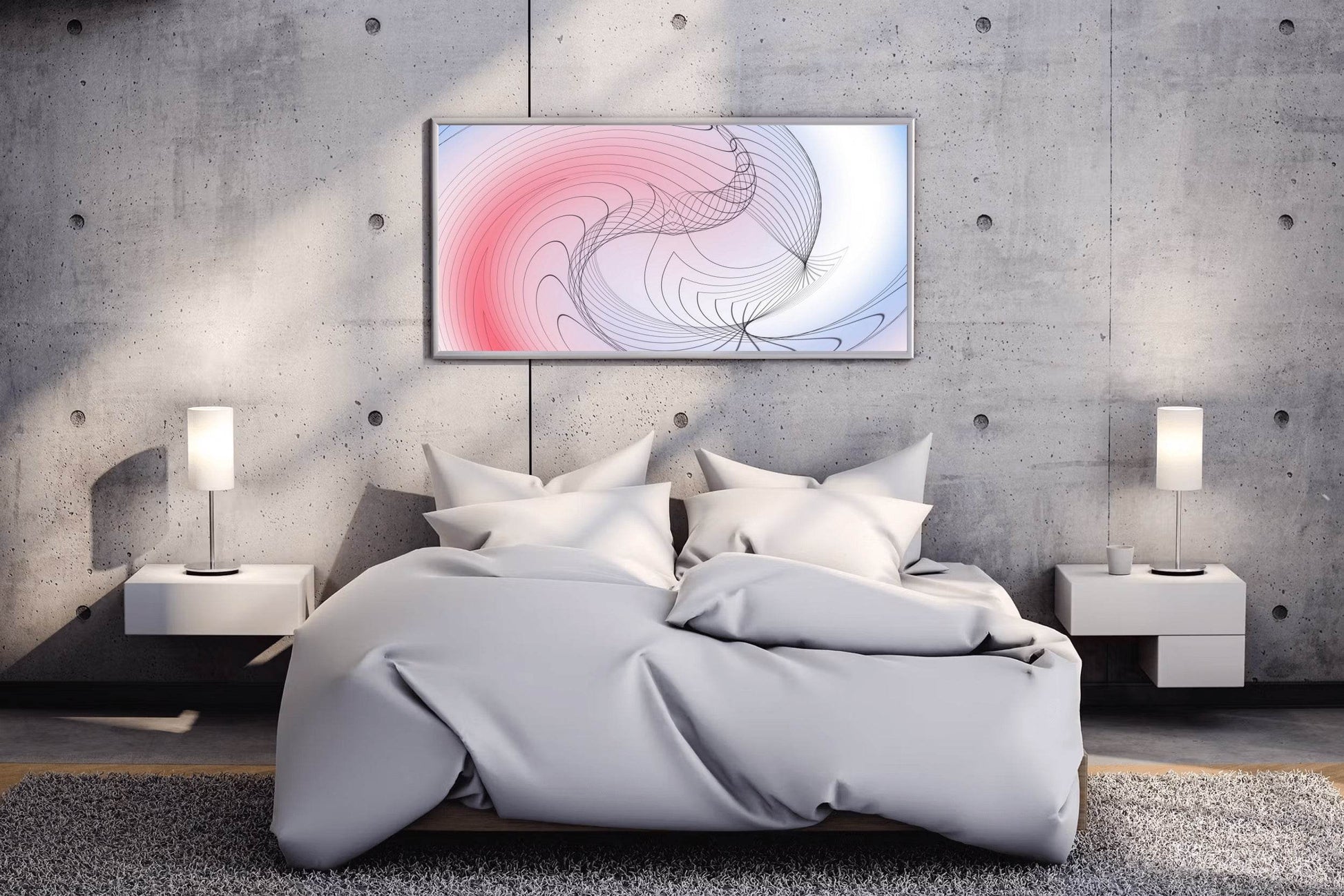 Oval Lines with Blue and Red Background Abstract Wall Art - beink online art store