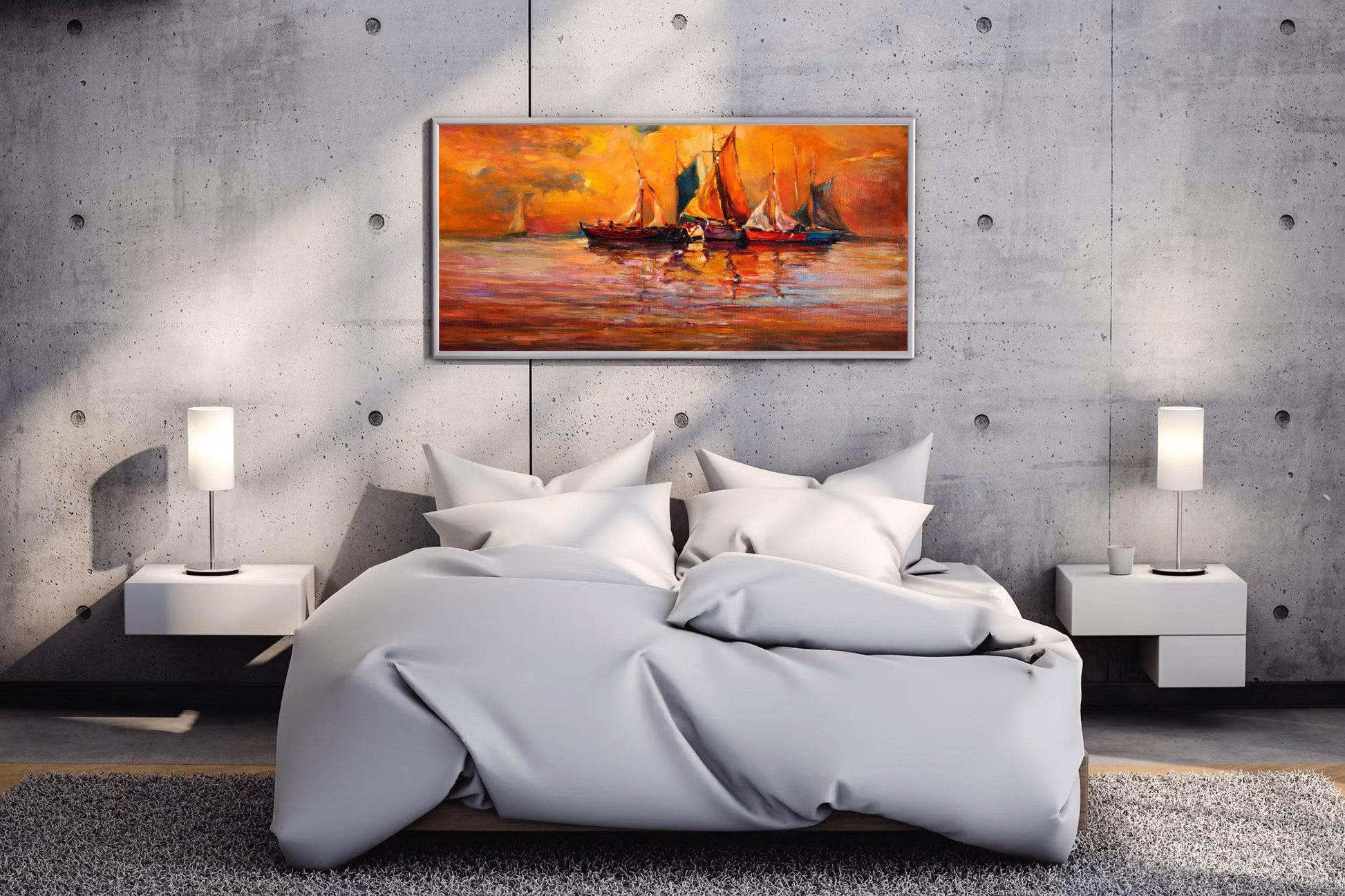 Fishing Boats in The Golden Sunset of The Sea Wall Art - beink online art store