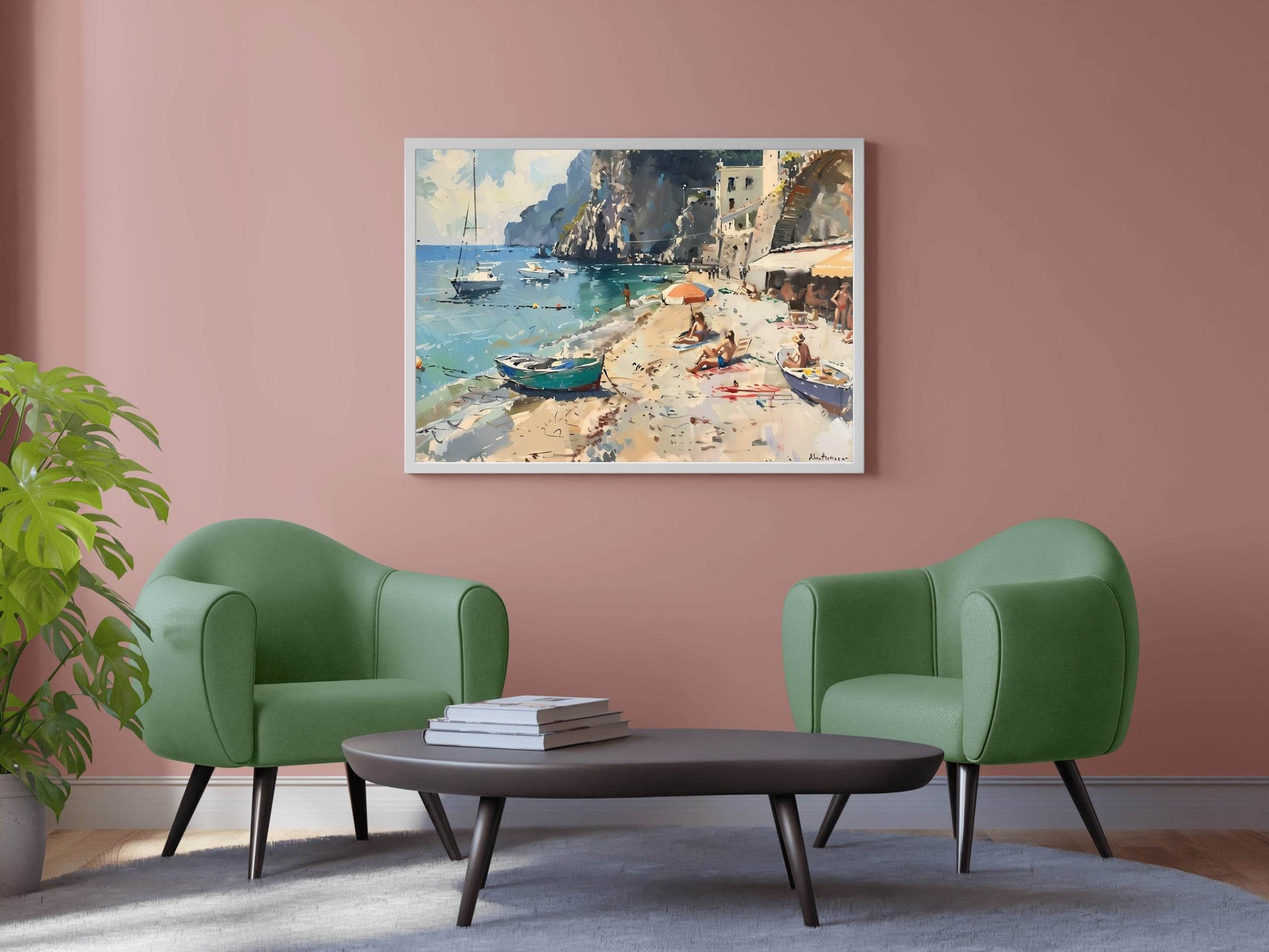 Oil Painting of People And Boats on The Beach Wall Art - beink online art store