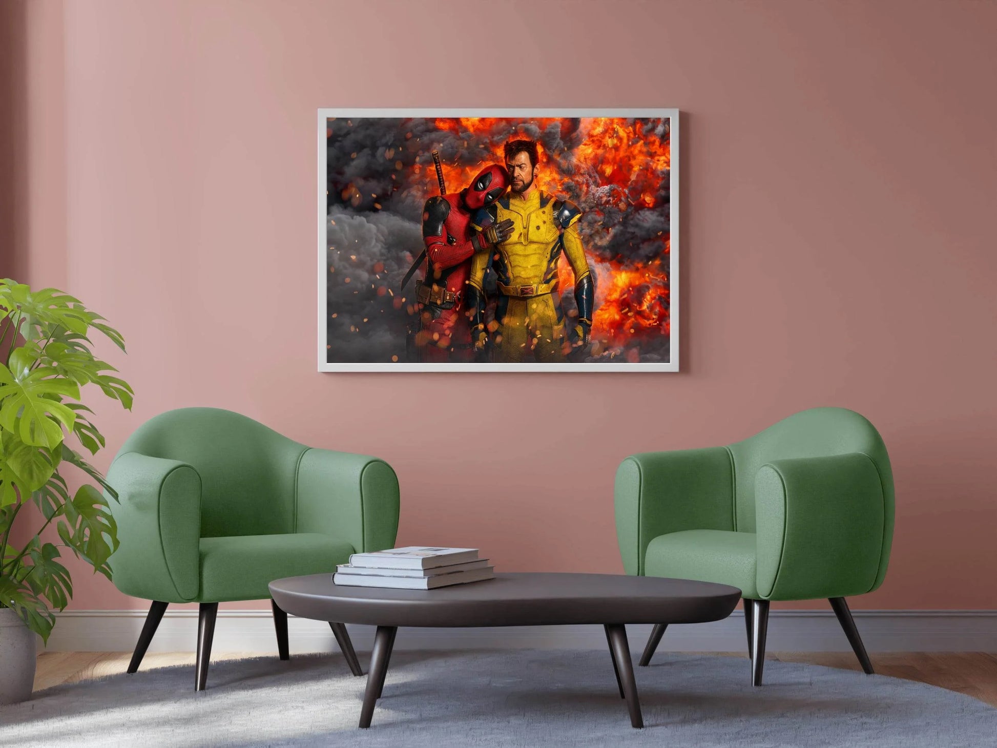 Funny Deadpool & Wolverine with Fire Background - beink online art store