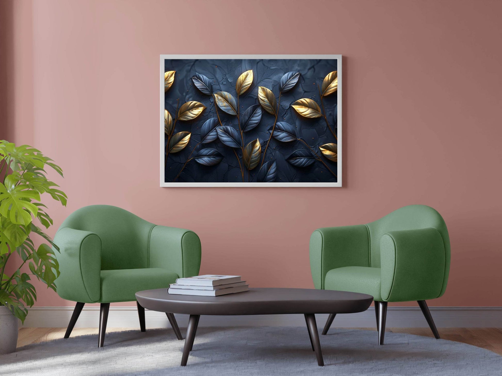 Classy Golden and Blue 3d Leaves Abstract Wall Art - beink online art store