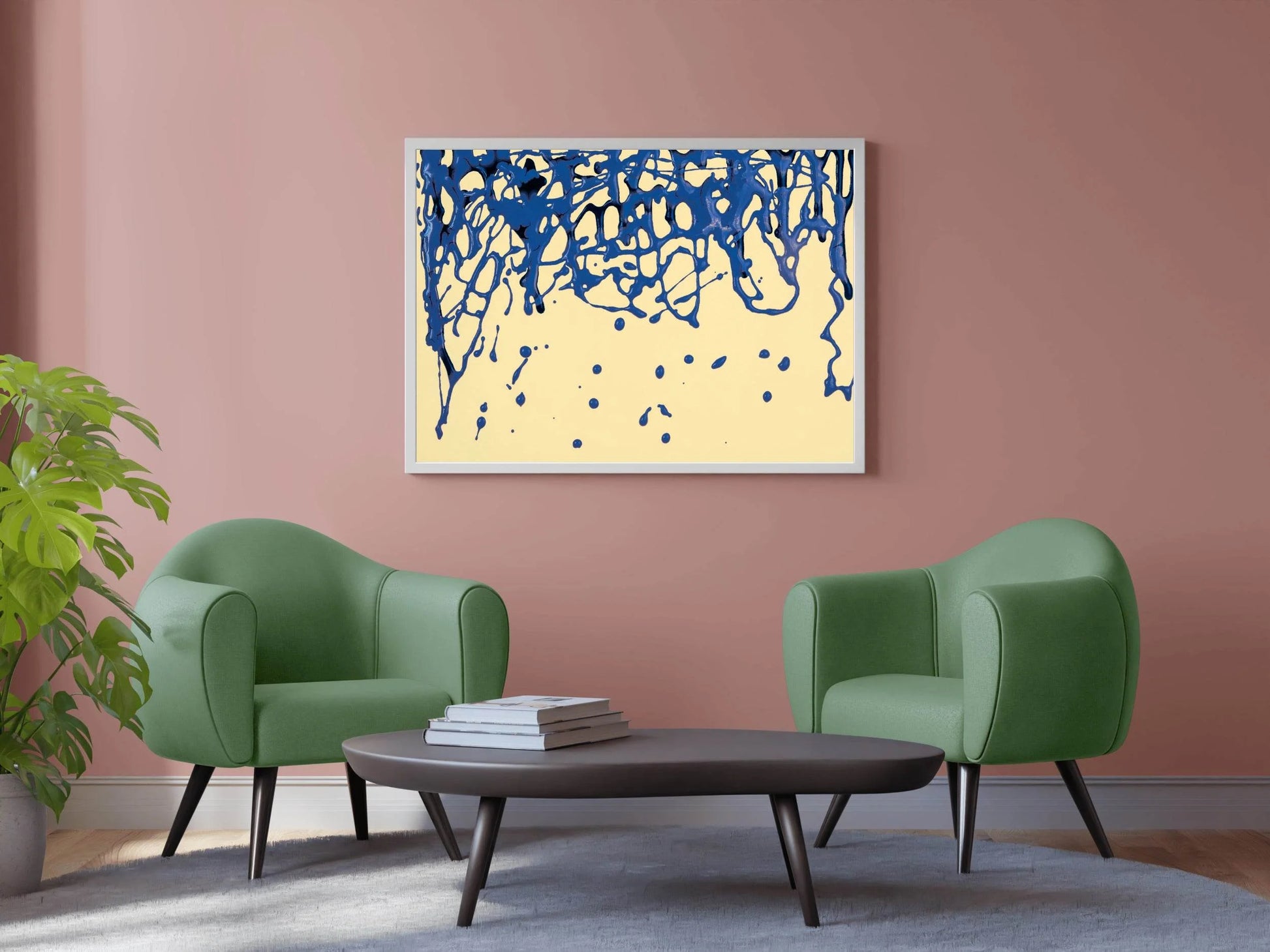 Scattered Blue Paint on Yellow Background Abstract Wall Art - beink online art store