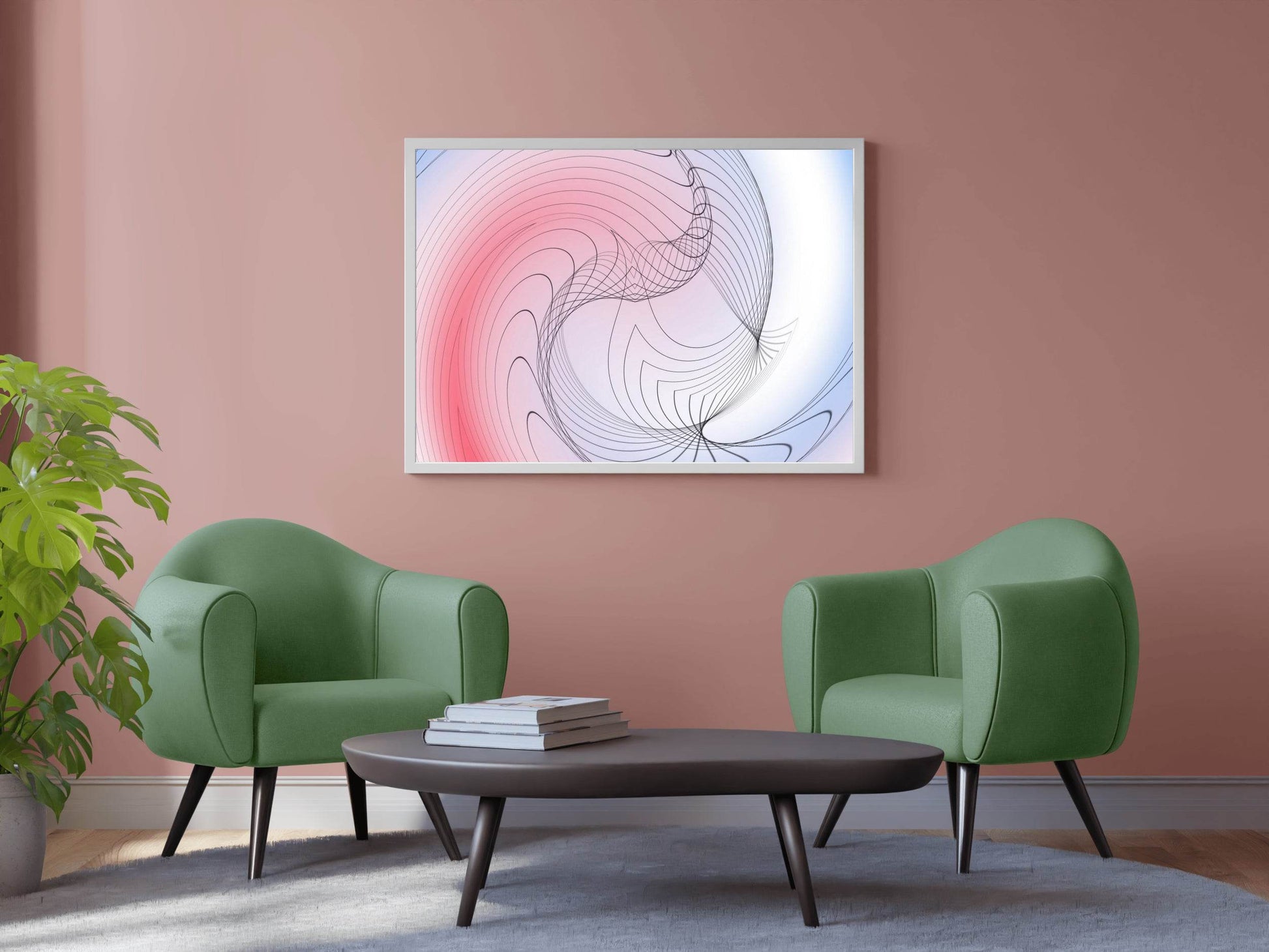 Oval Lines with Blue and Red Background Abstract Wall Art - beink online art store