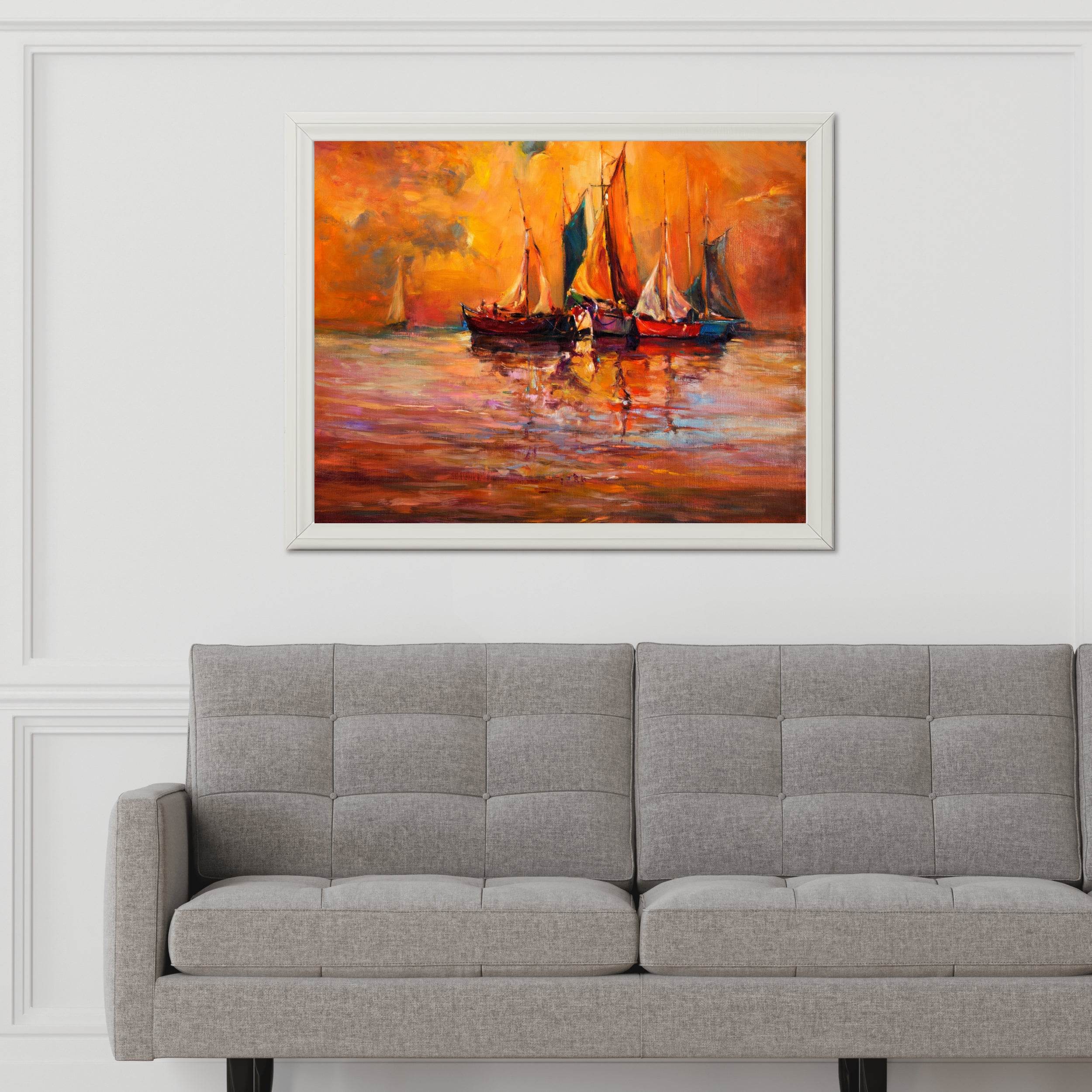Fishing Boats in The Golden Sunset of The Sea Wall Art - beink online art store