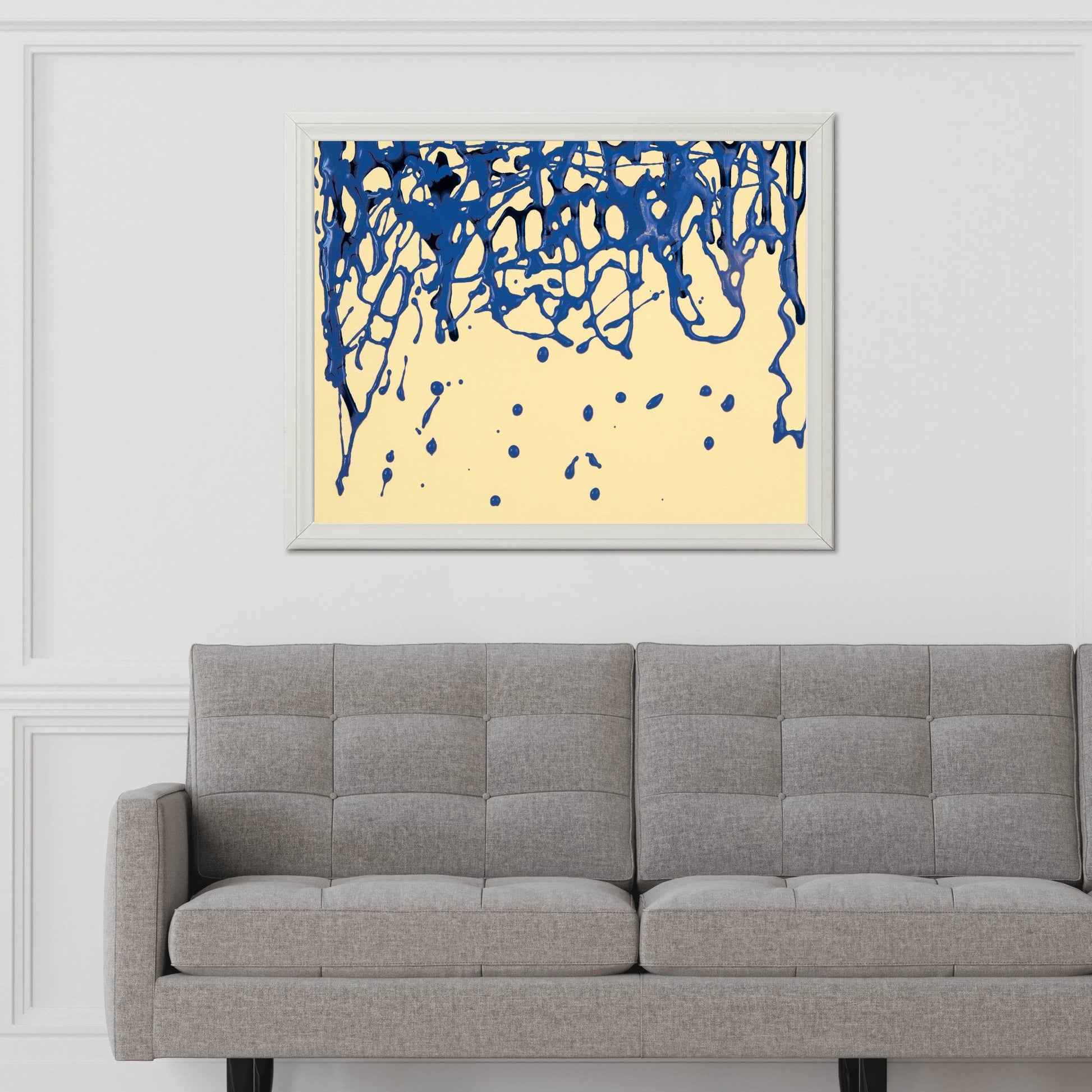 Scattered Blue Paint on Yellow Background Abstract Wall Art - beink online art store