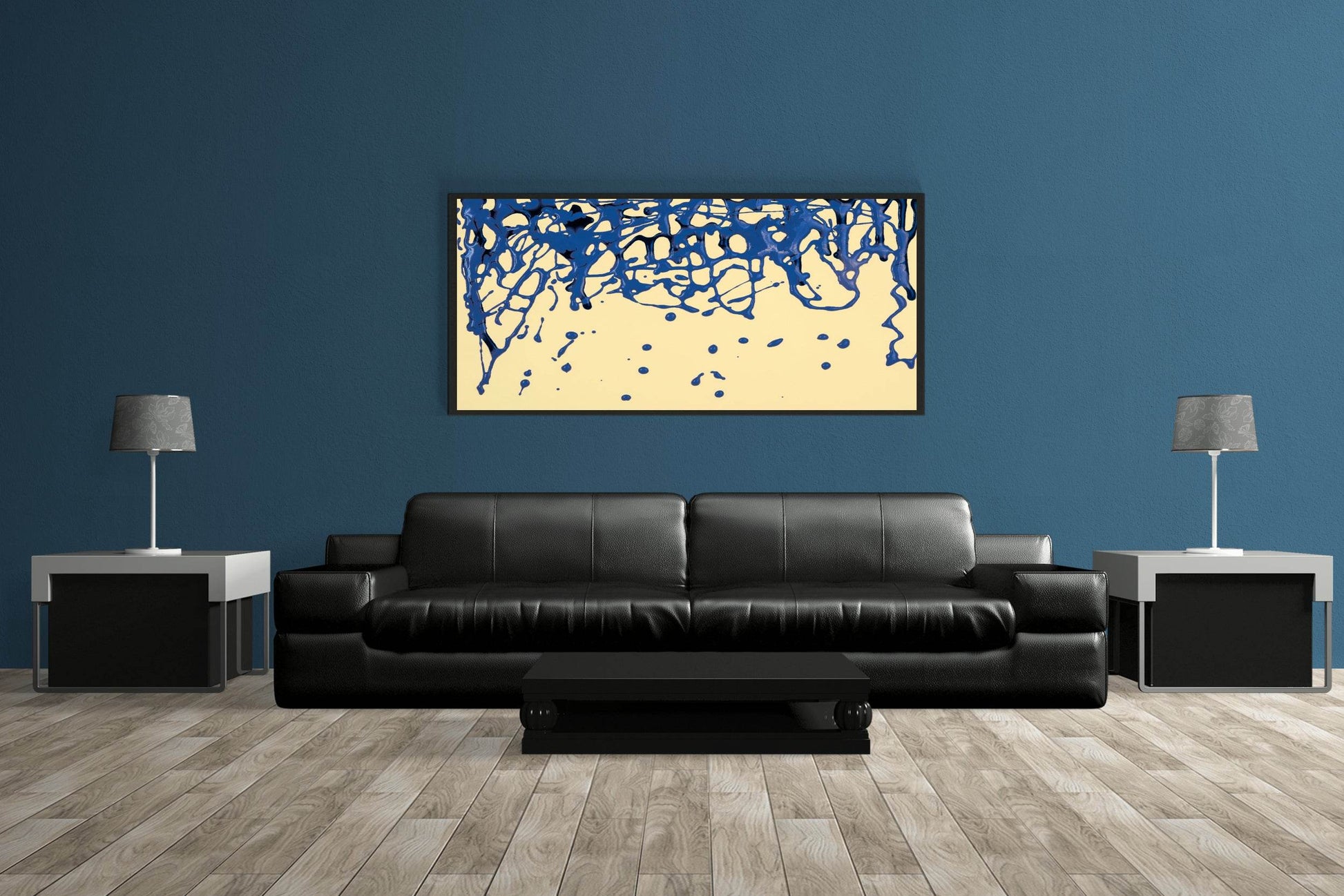 Scattered Blue Paint on Yellow Background Abstract Wall Art - beink online art store