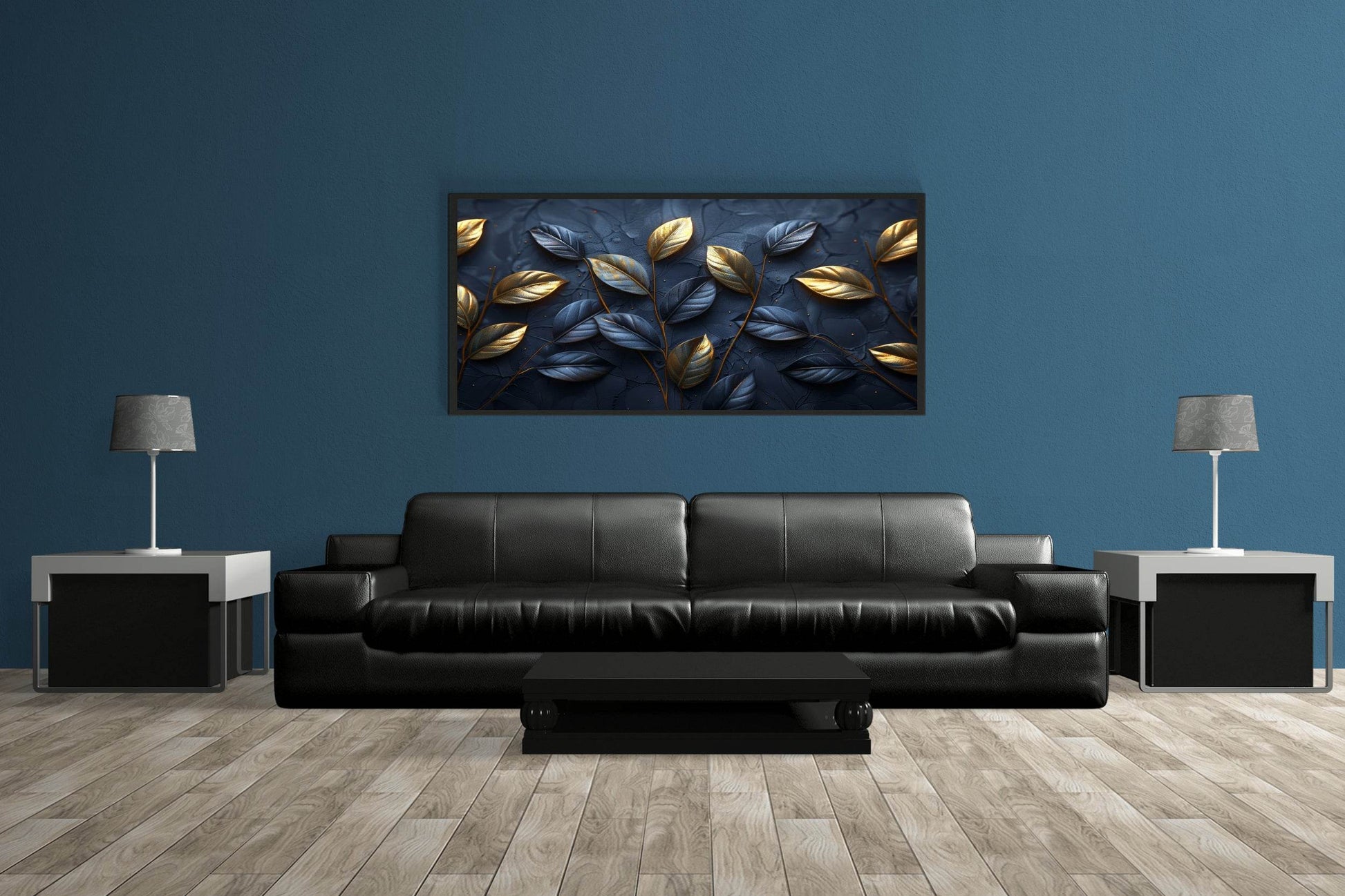 Classy Golden and Blue 3d Leaves Abstract Wall Art - beink online art store