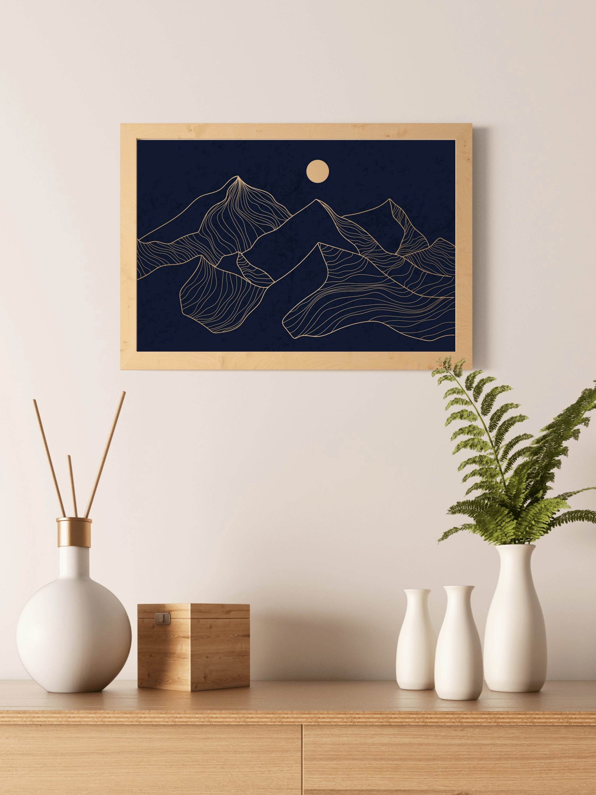 Mountain And Moon Portrait at Night Line Art - beink online art store