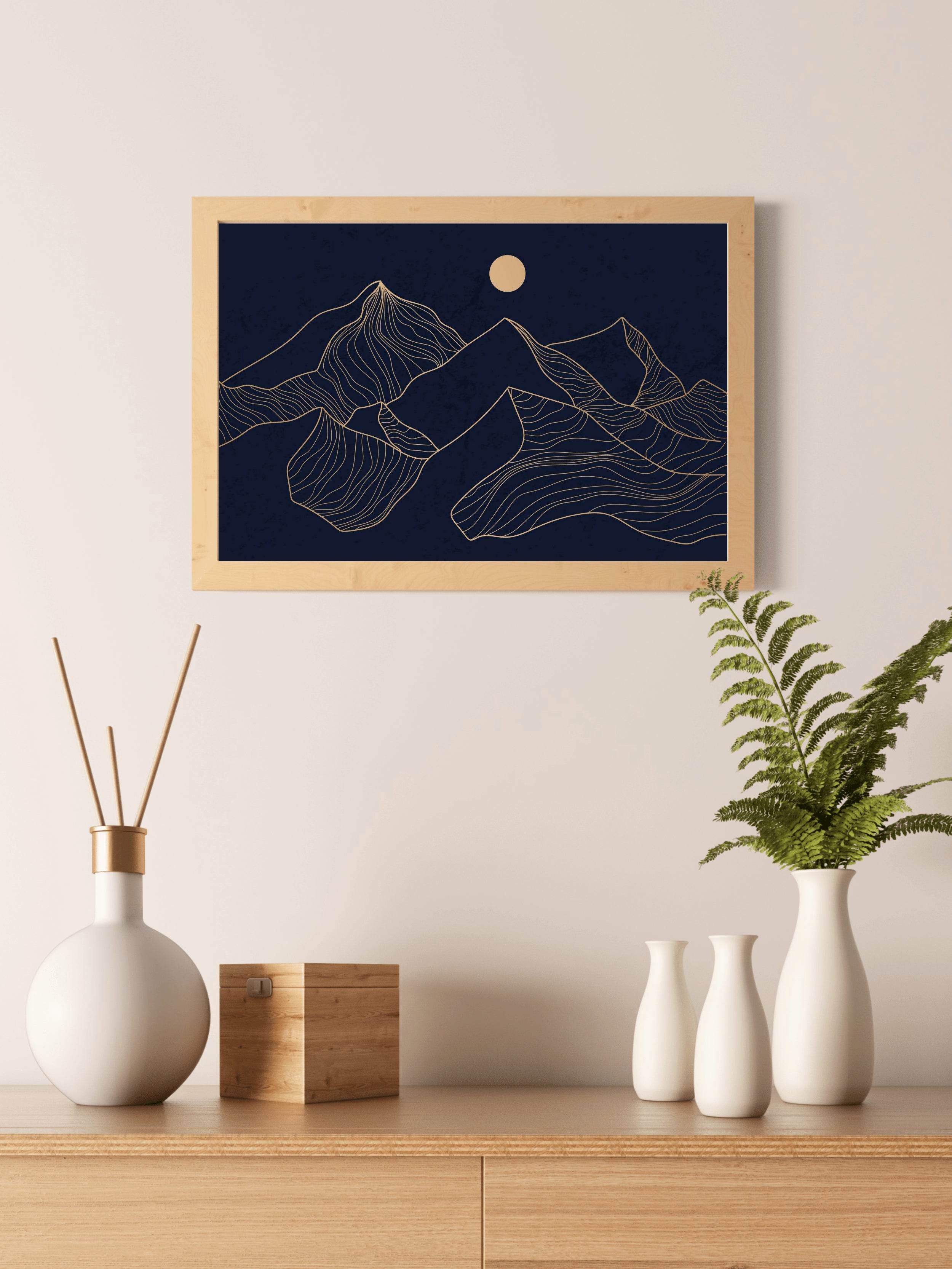 Mountain And Moon Portrait at Night Line Art - beink online art store