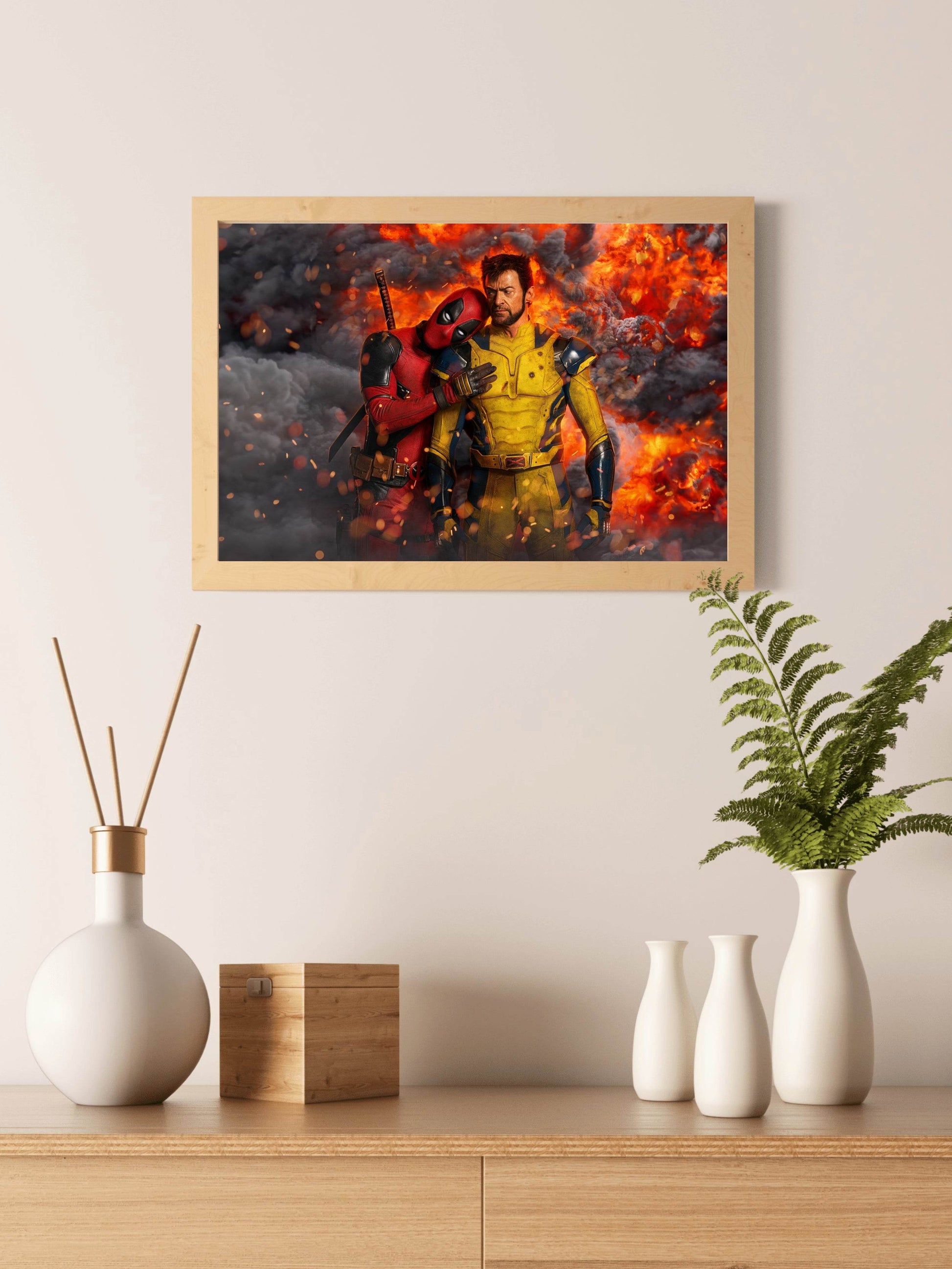 Funny Deadpool & Wolverine with Fire Background - beink online art store