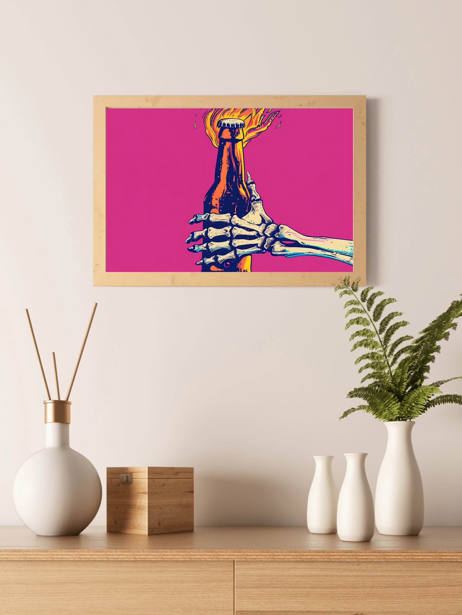 Skeleton Hand Grasping a Flaming Bottle Wall Art - beink online art store