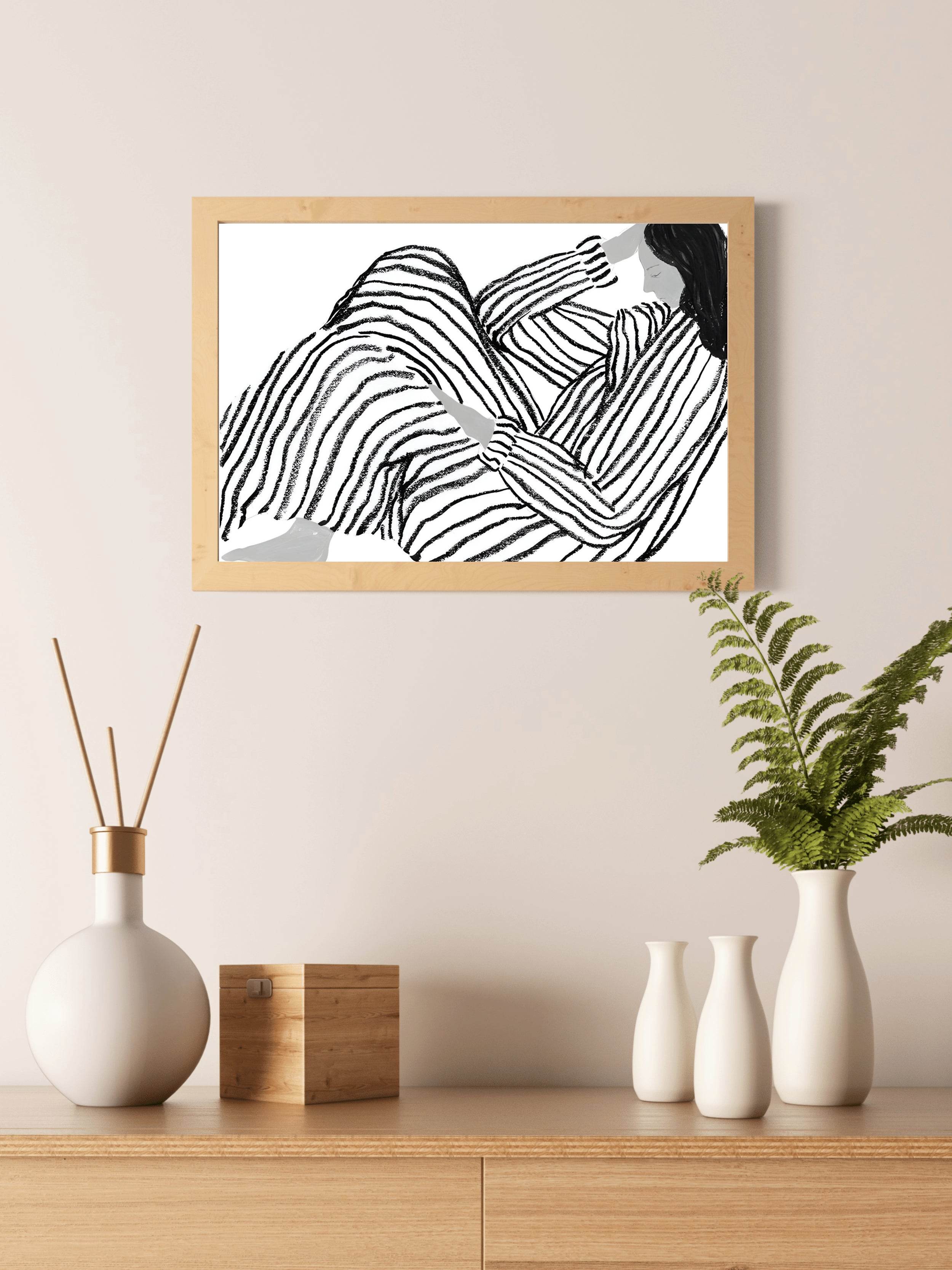 Black Painting of Girl Lost in Thought Wall Art - beink online art store