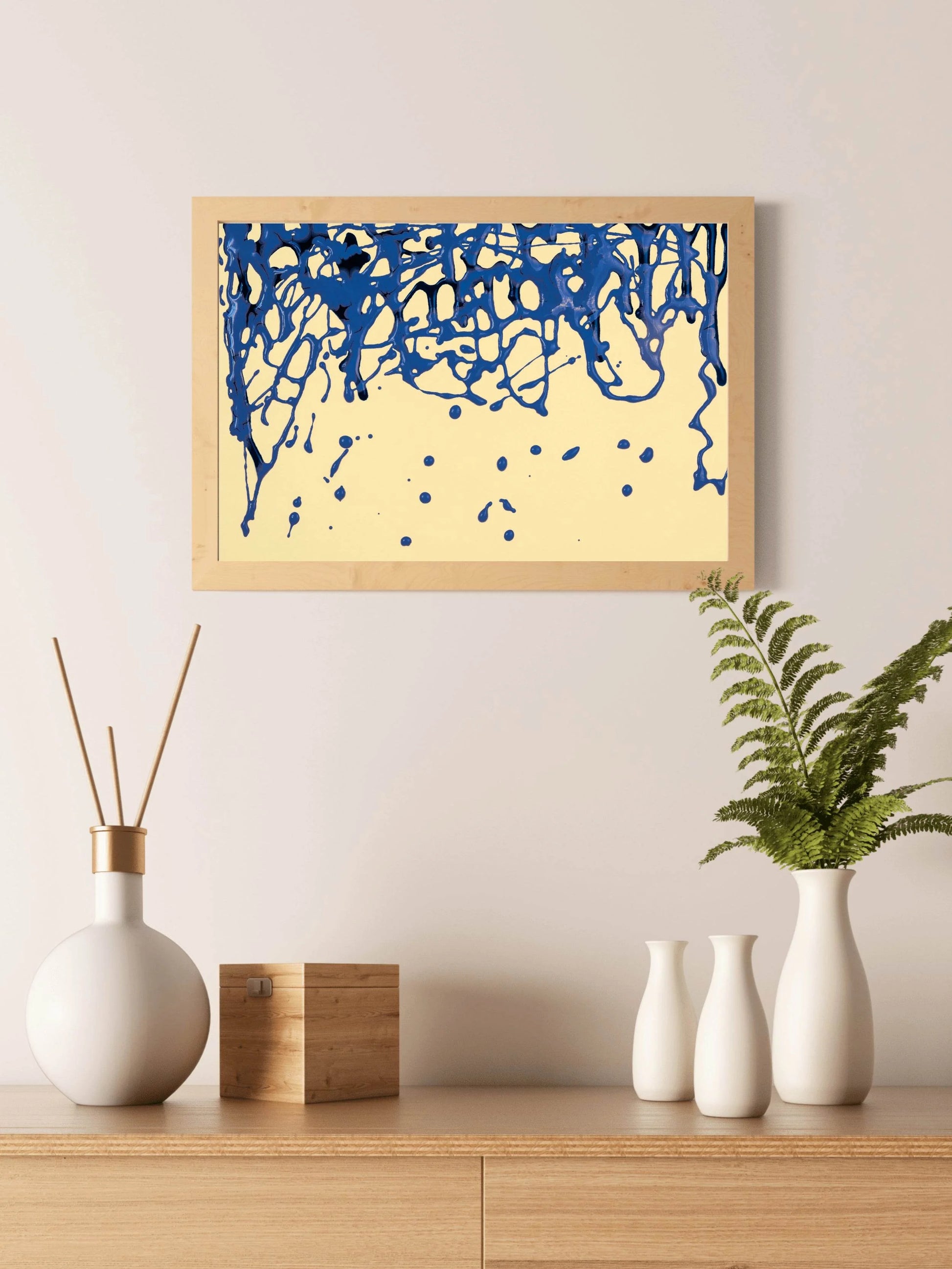 Scattered Blue Paint on Yellow Background Abstract Wall Art - beink online art store