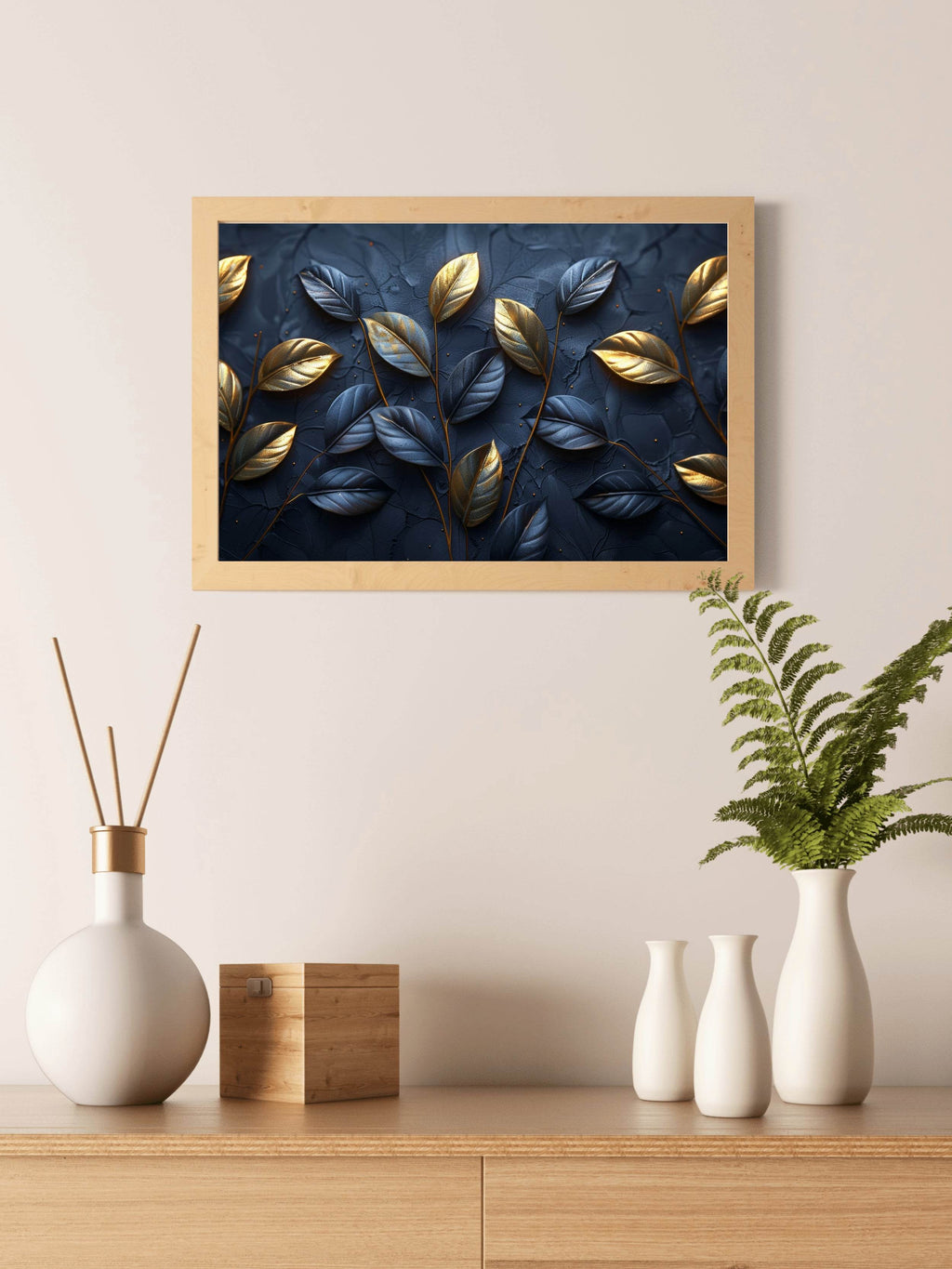 Classy Golden and Blue 3d Leaves Abstract Wall Art - beink online art store