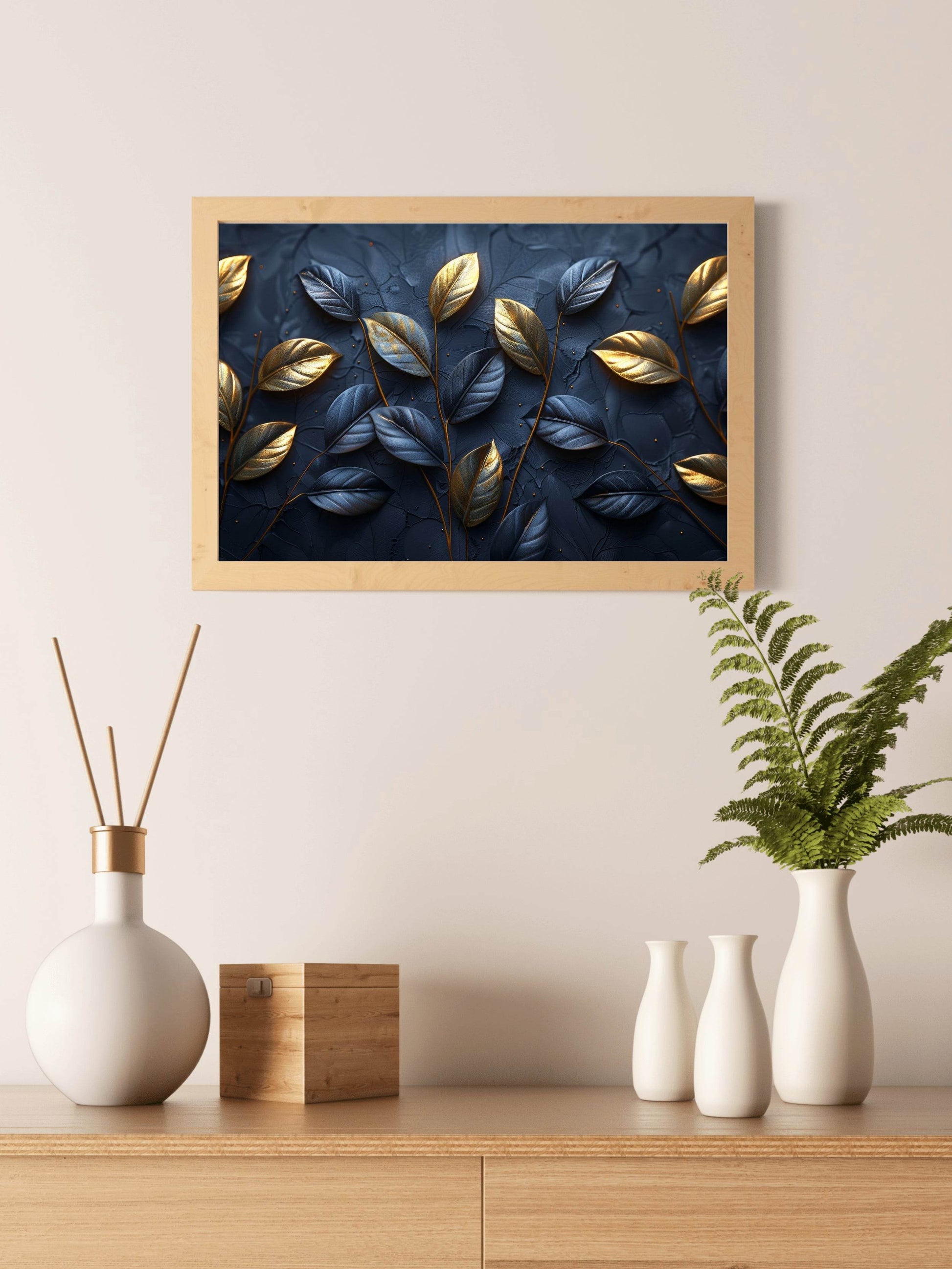 Classy Golden and Blue 3d Leaves Abstract Wall Art - beink online art store