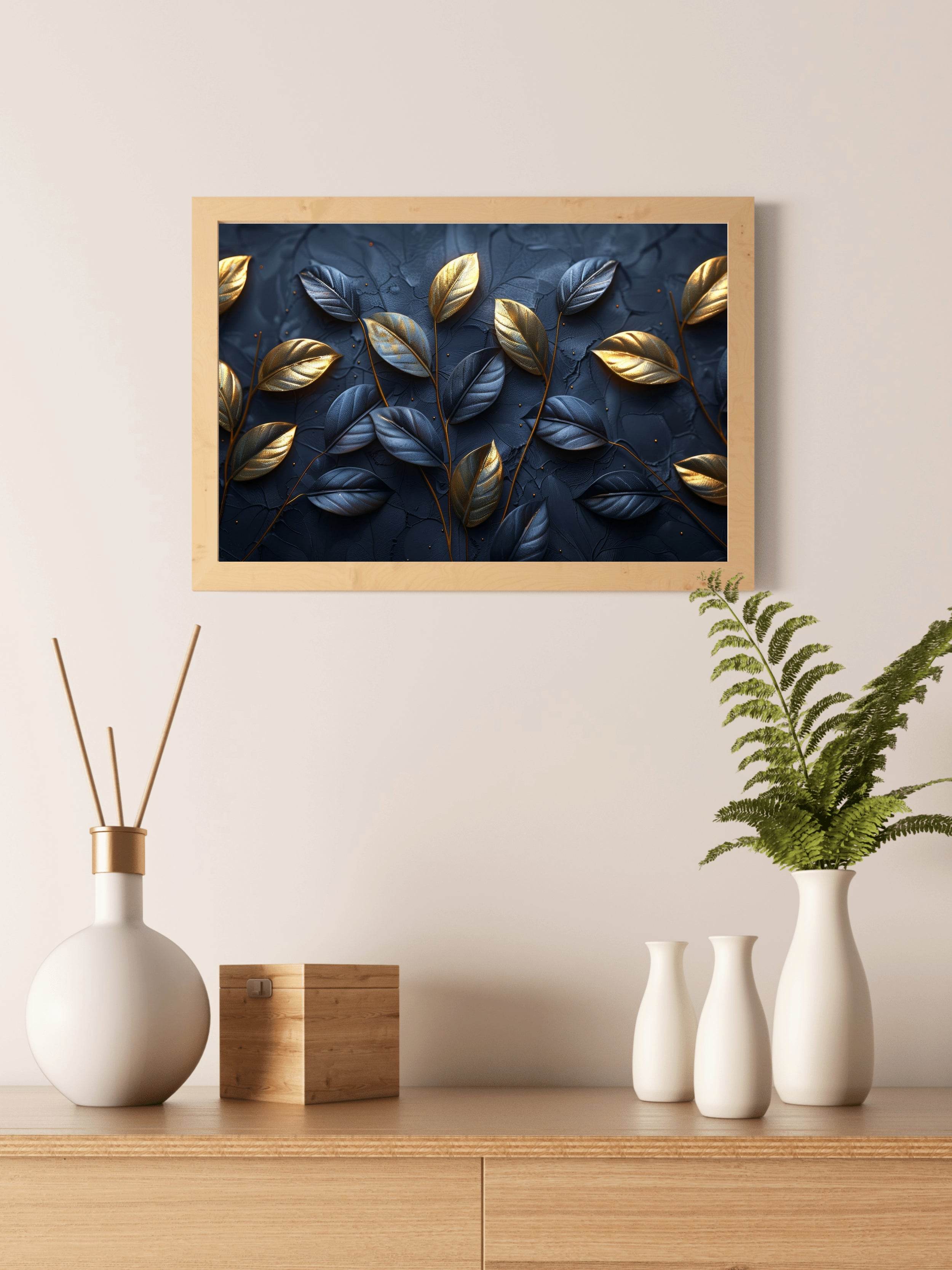Classy Golden and Blue 3d Leaves Abstract Wall Art - beink online art store